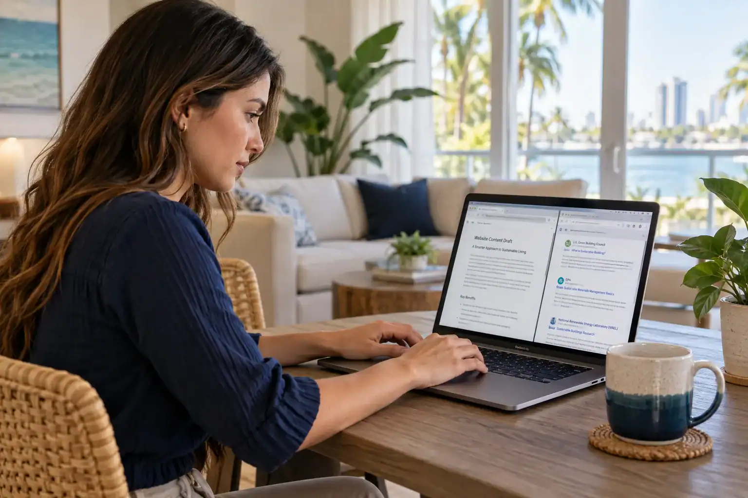 Professional researching cited technical website content from home