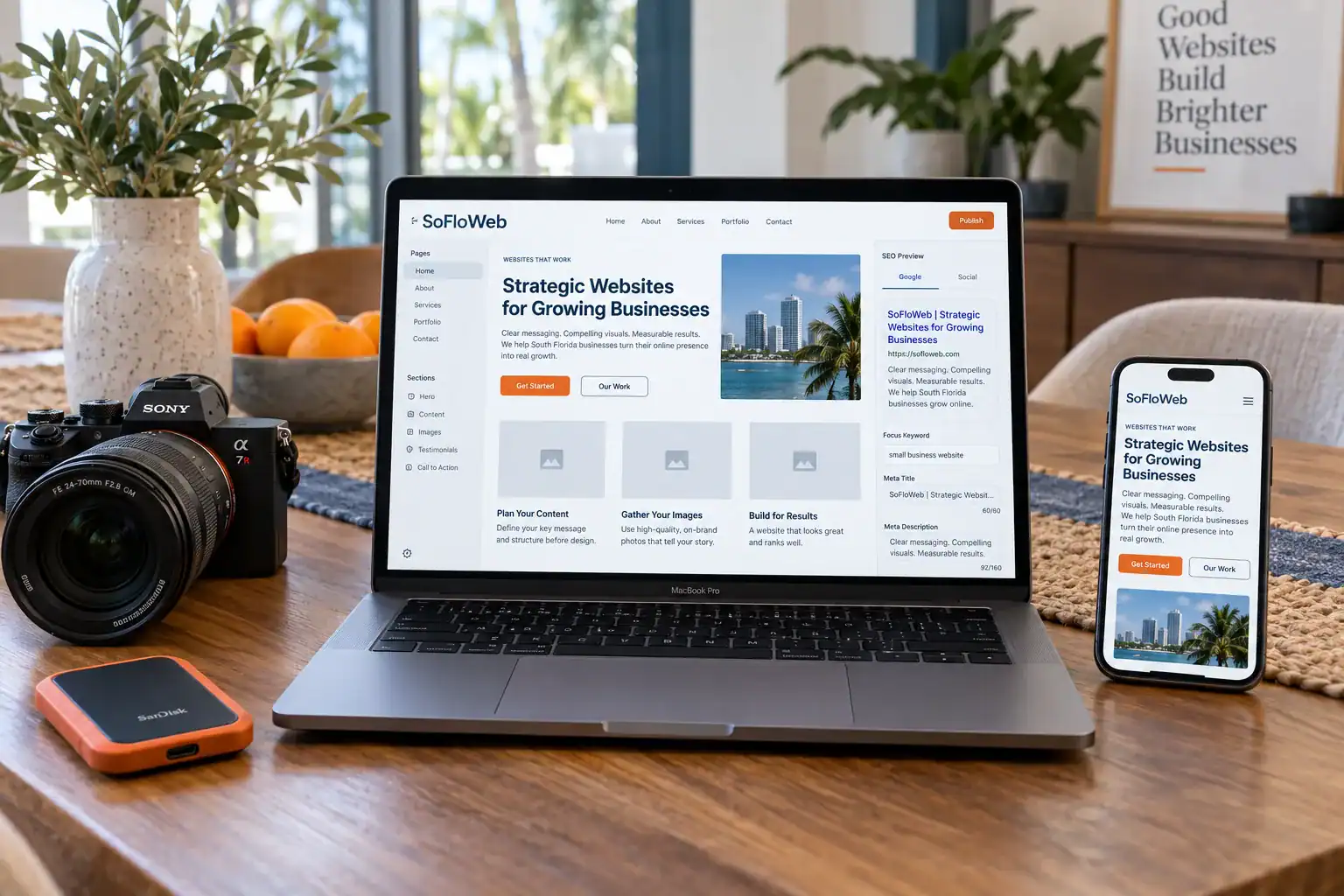Website content and image planning workflow for copy, photography, SEO, and responsive design
