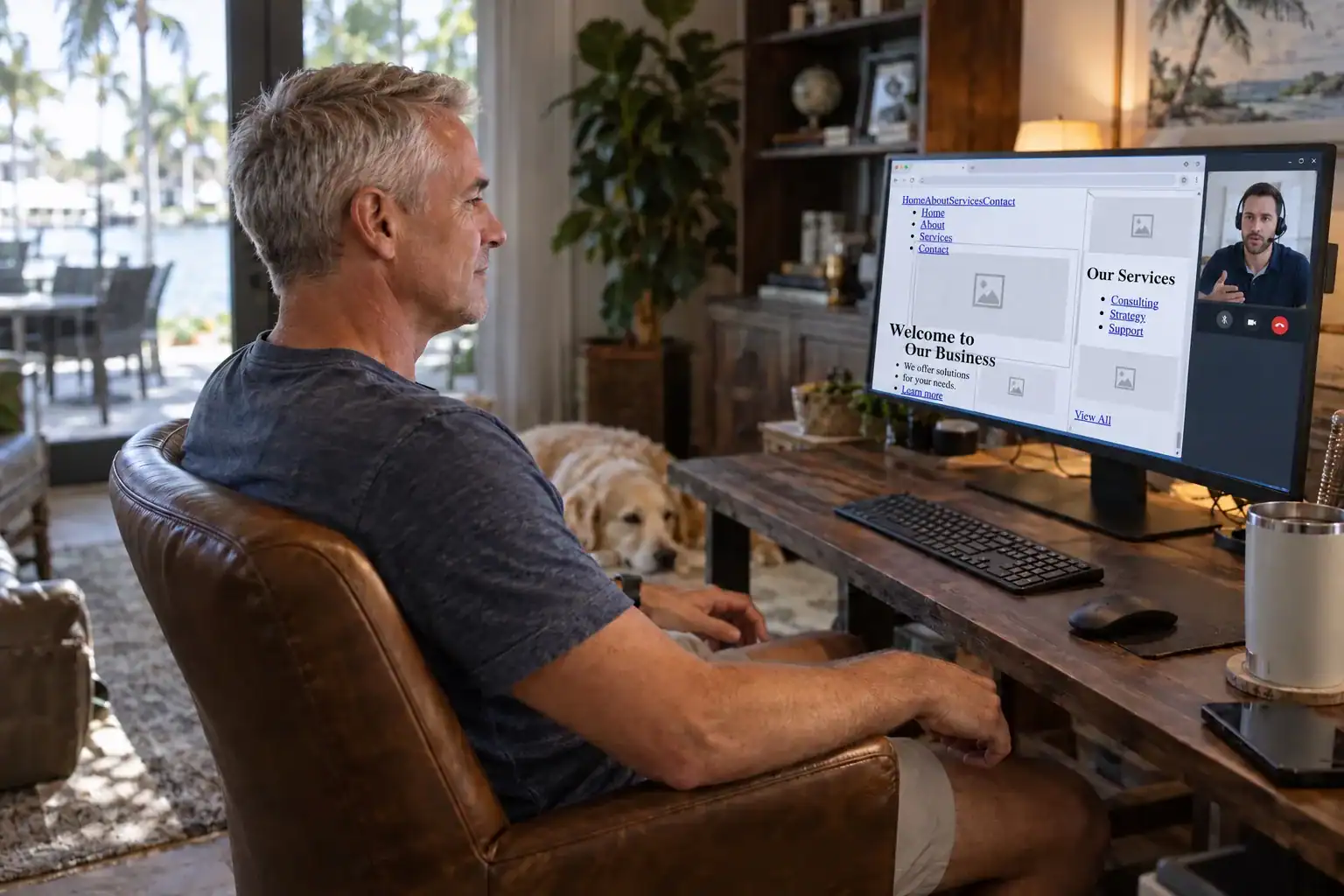 Business owner reviewing a visibly broken website with a recovery specialist