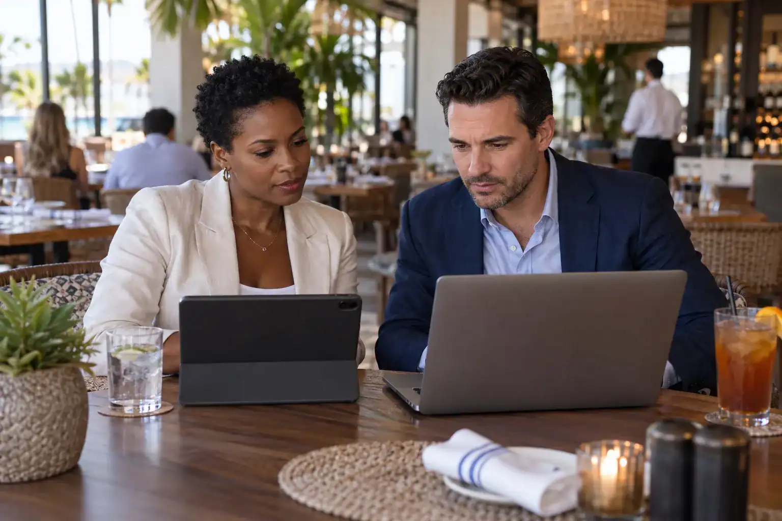Business owners comparing website redesign options in a South Florida restaurant