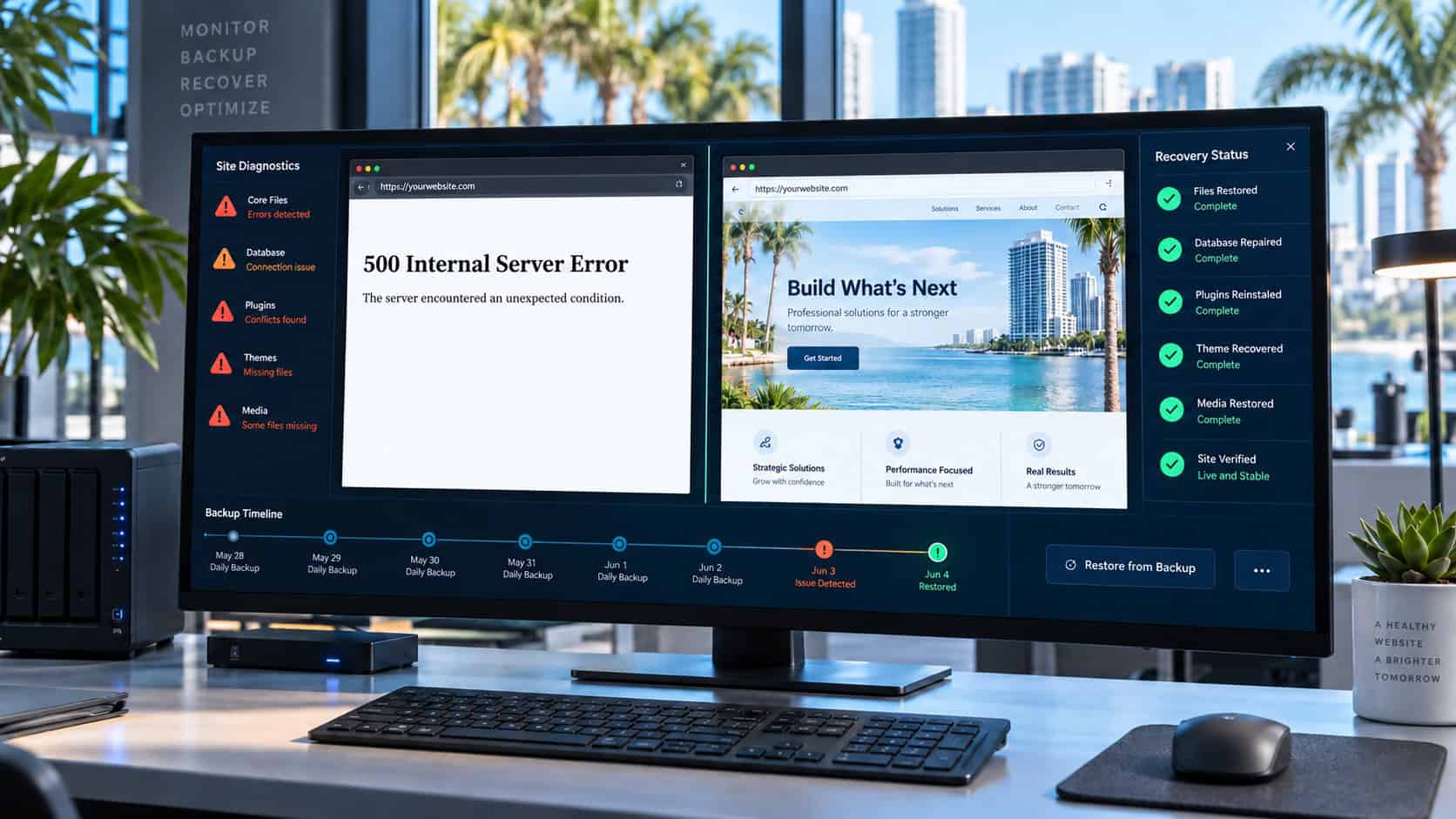 Website diagnostic screen showing a factual 500 Internal Server Error beside a restored site
