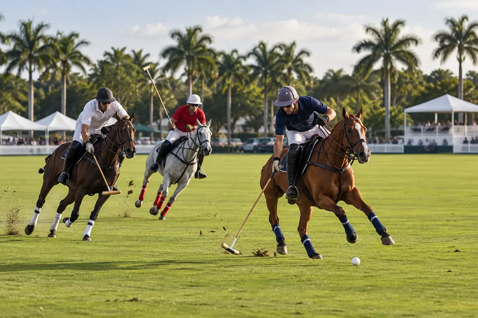 Polo players competing on a palm-lined field in Wellington Florida