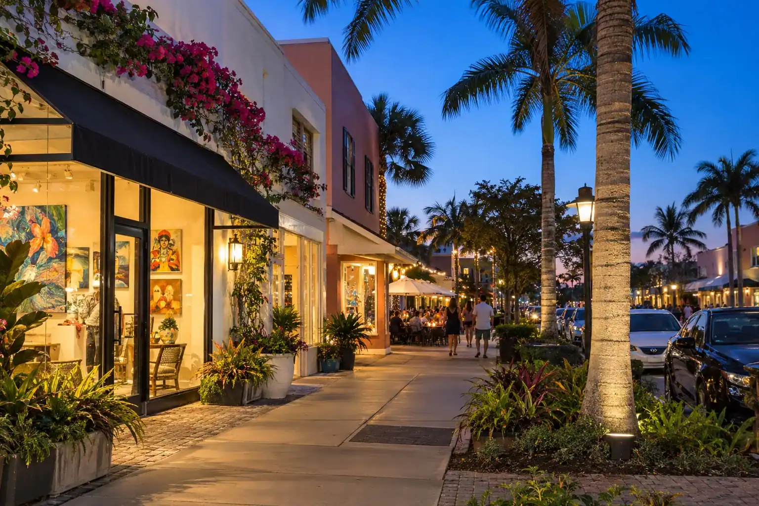 West Palm Beach neighborhood business district at dusk