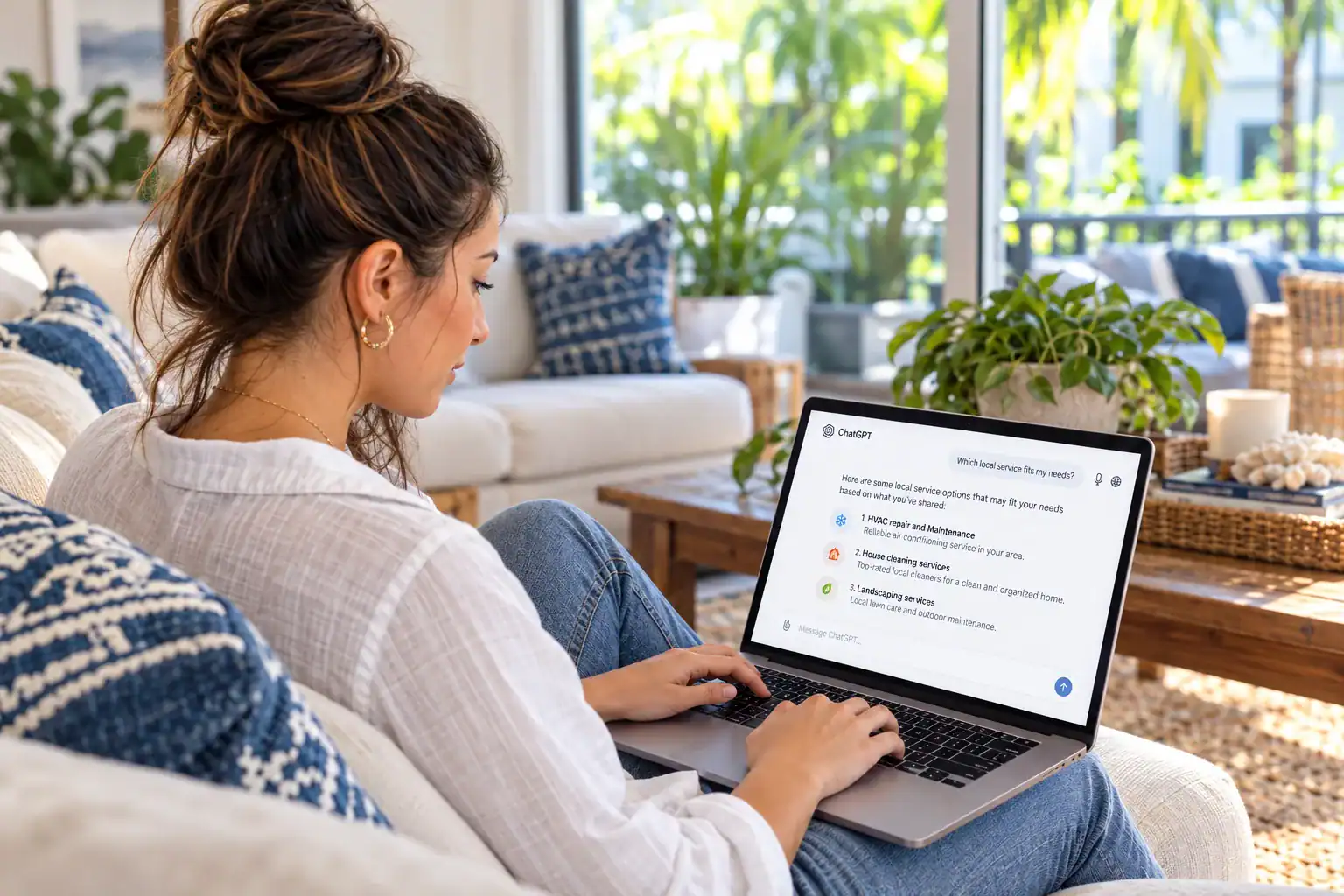 Younger business owner using ChatGPT at home to research local services