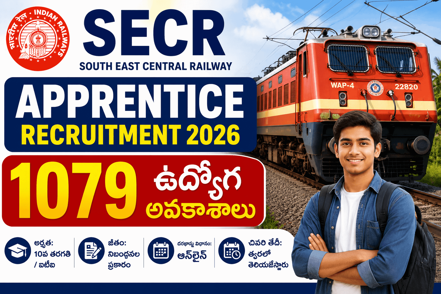 SECR Apprentice Recruitment 2026: సౌత్ ఈస్ట్ సెంట్రల్ రైల్వేలో 1079 ఉద్యోగ అవకాశాలు