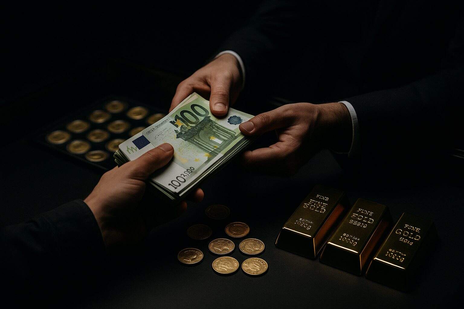 Goldbarren und Euro-Banknoten beim anonymen Barkauf ohne Ausweiskontrolle