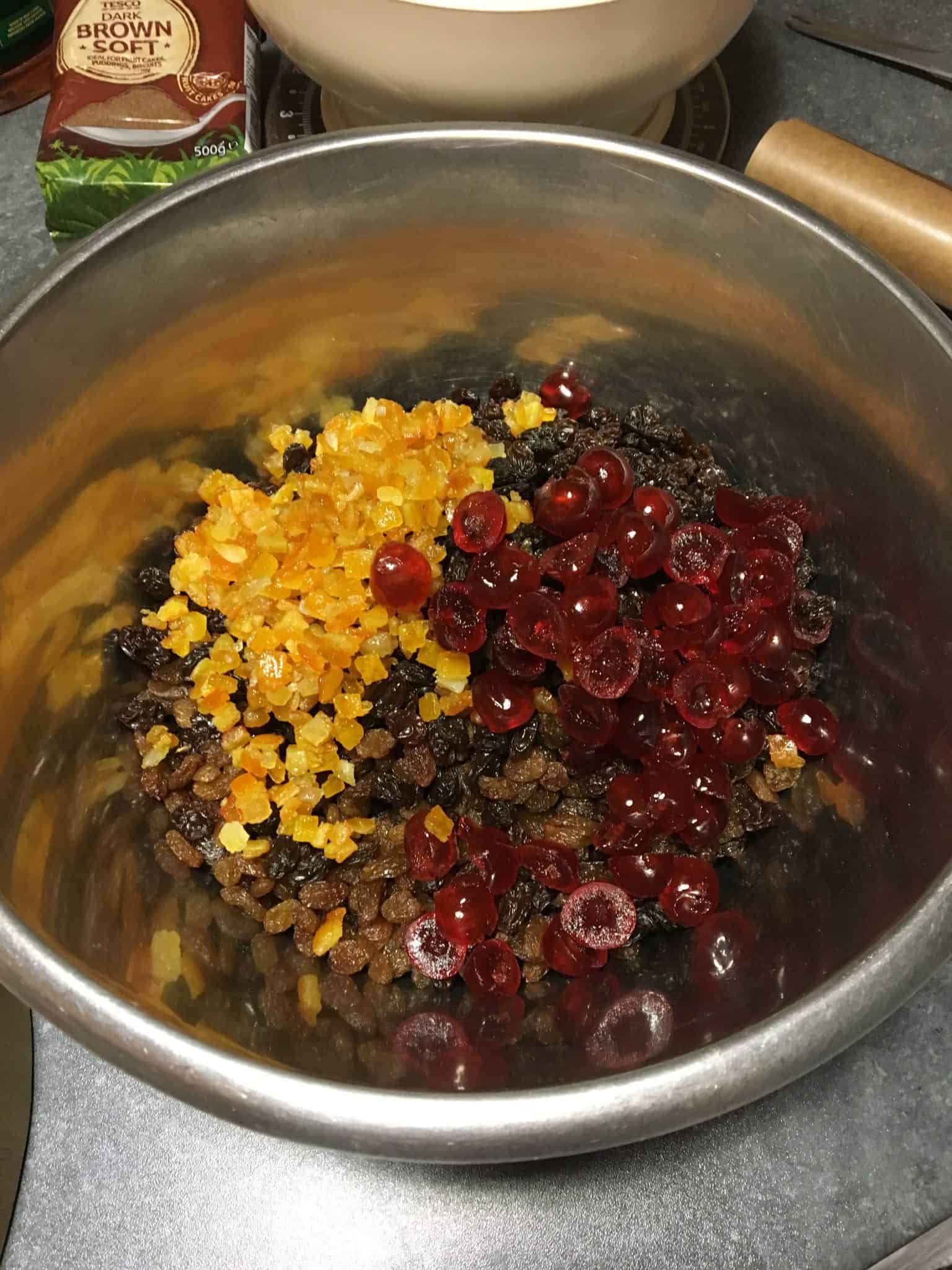 Weighing out all the dried fruit for the christmas cake