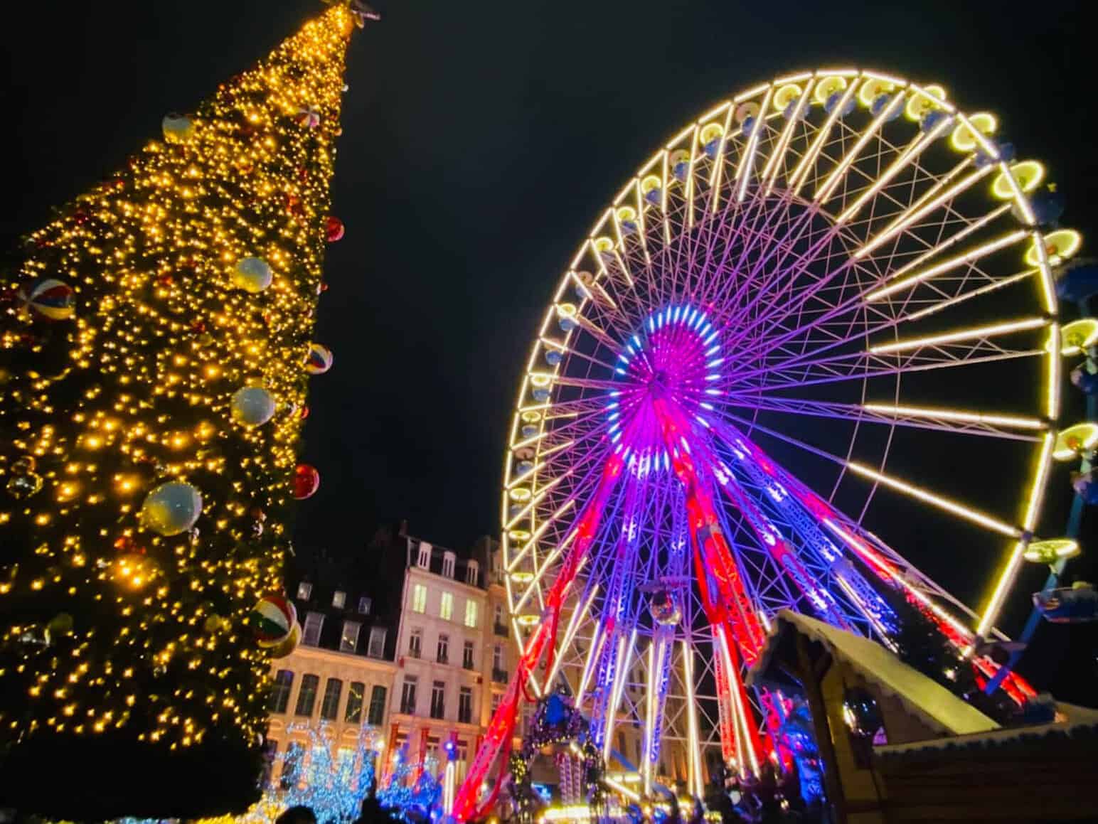 Festive lights and giant Ferris wheel