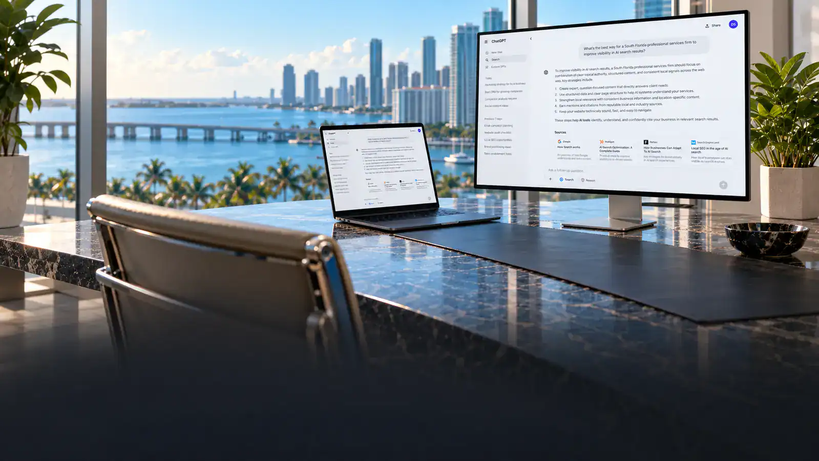 ChatGPT-style AI search answer with cited sources on desktop and laptop screens