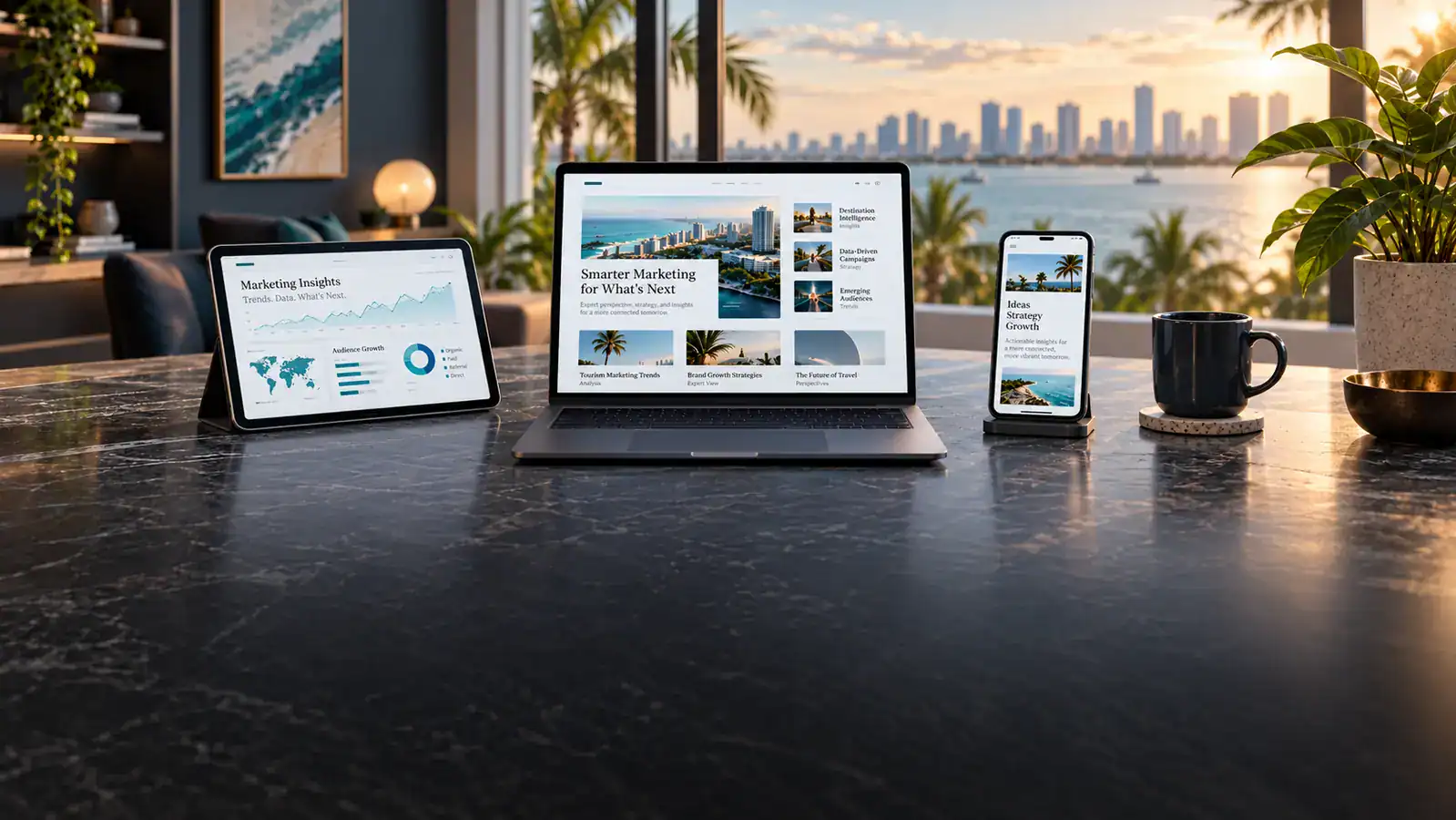 Digital marketing articles and insights displayed across laptop, tablet, and mobile screens