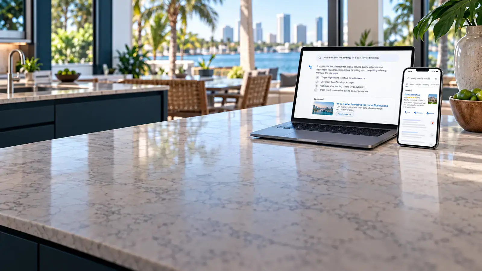 Paid search and AI advertising campaigns displayed on laptop and mobile screens