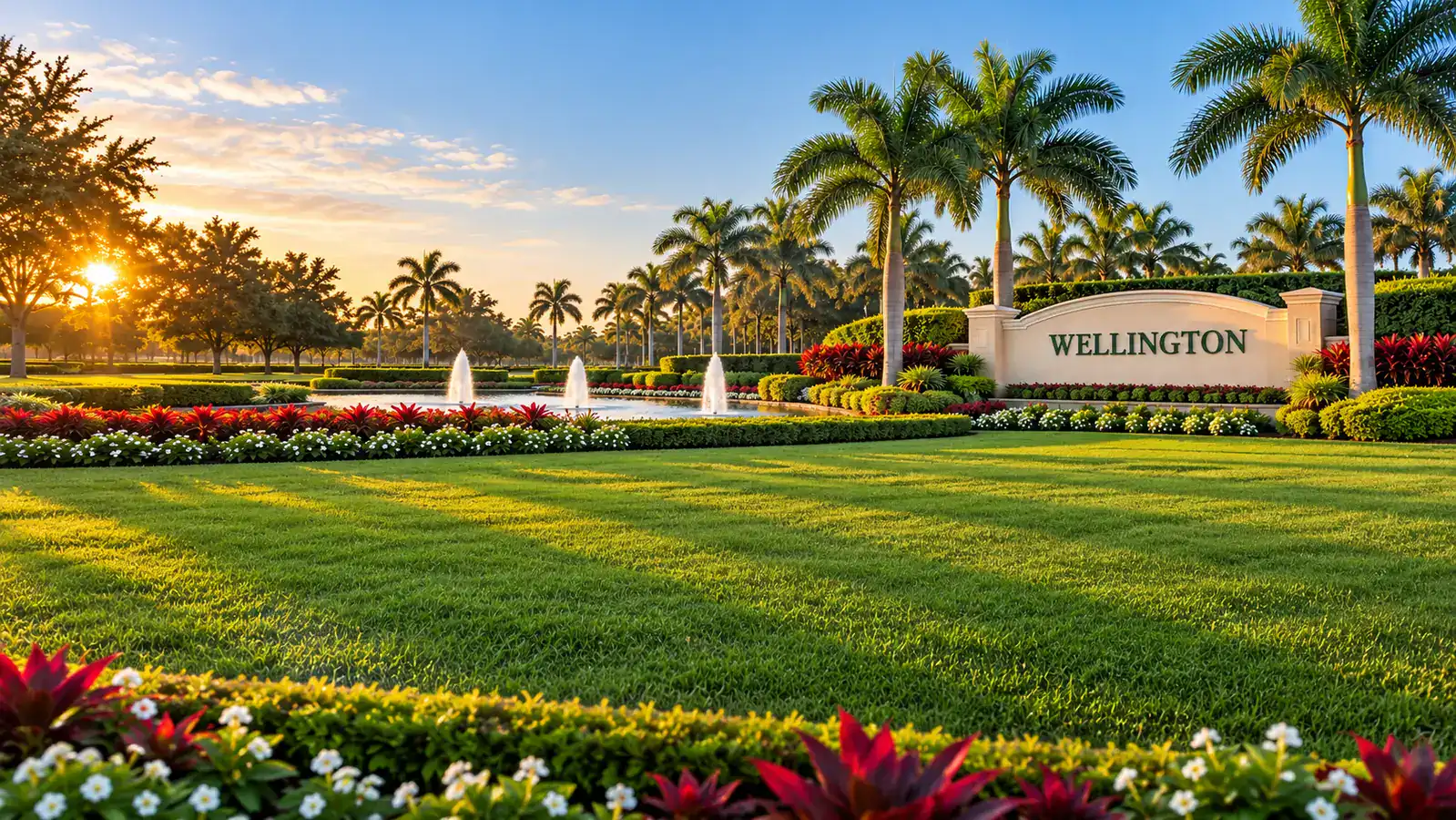 Wellington Florida entrance sign, fountains, and landscaped equestrian community at sunrise