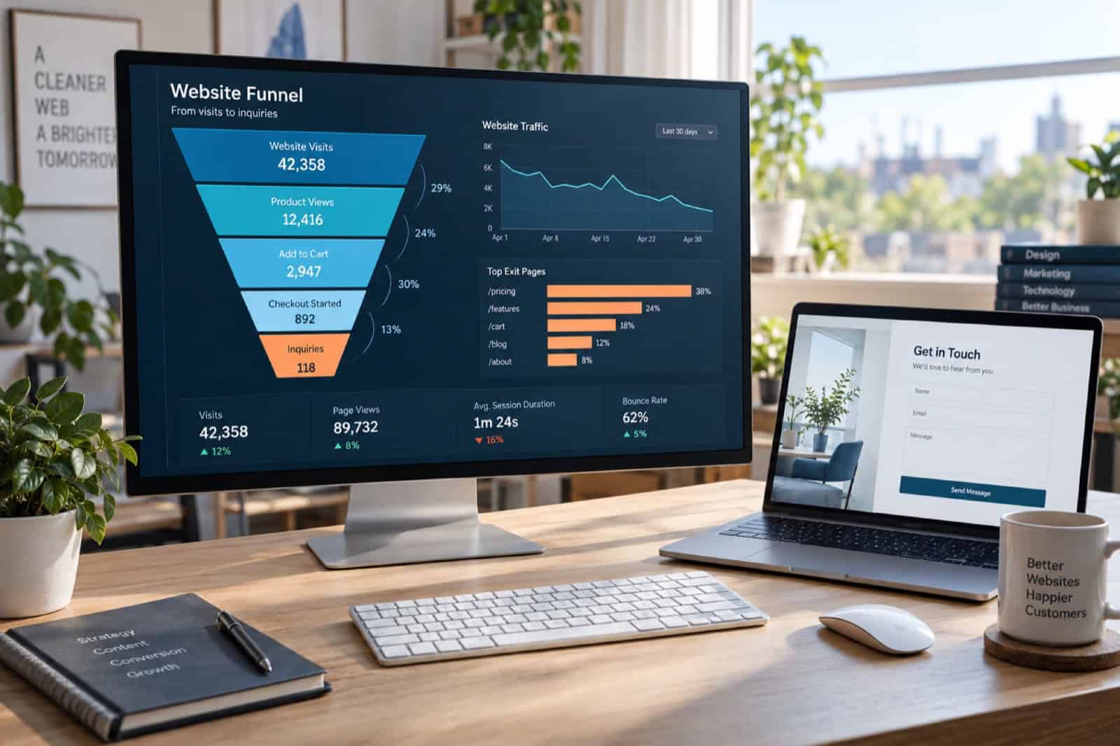 Website traffic and lead conversion analysis displayed on desktop and laptop screens