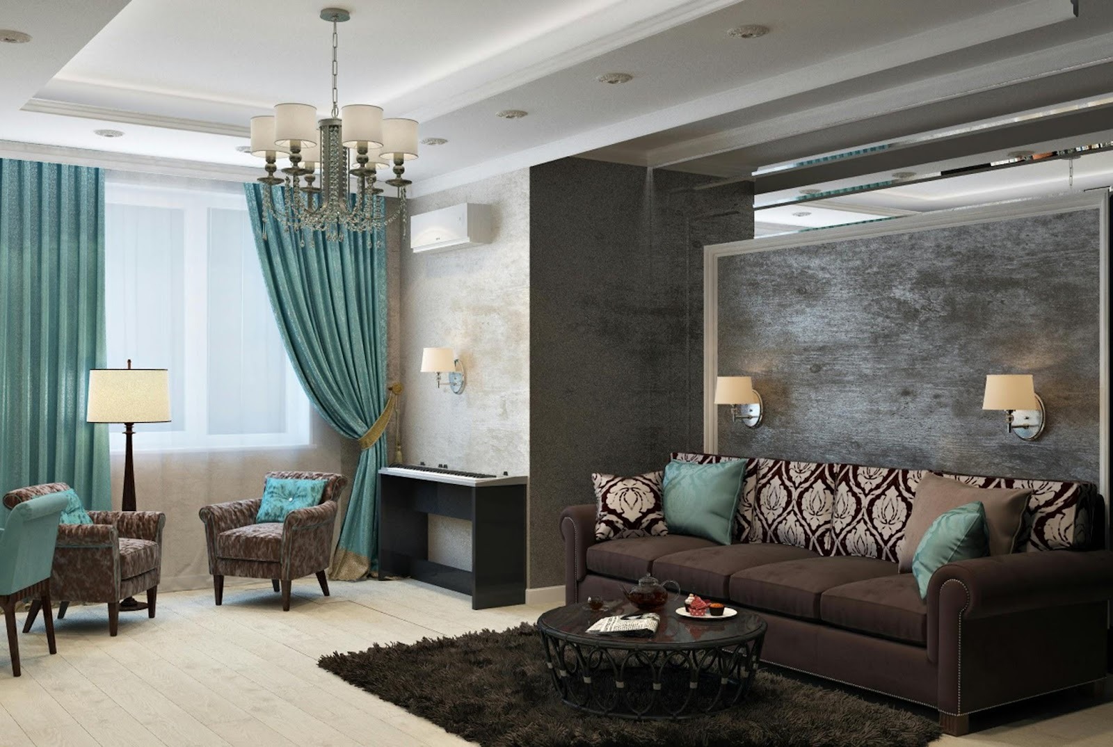 Modern living room with elegant brown sofa, patterned armchairs, turquoise curtains, a chandelier, floor lamp, and a shaggy rug. The room features silver-grey walls and a small desk under the window. Natural light fills the space.
