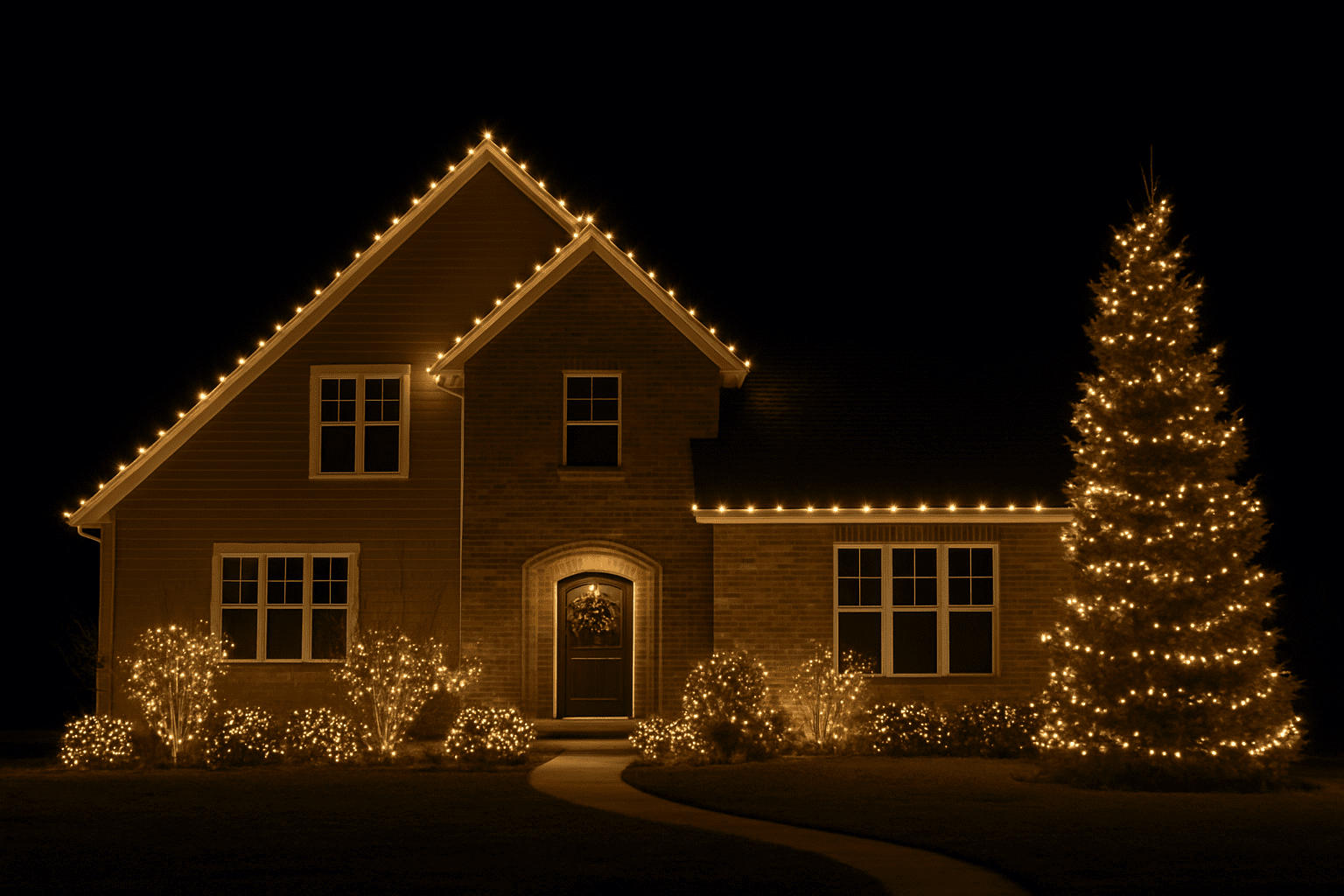 Boise, Idaho home with warm white Christmas lights installed along the roofline, gables, and front landscaping by Barrier Pest Control