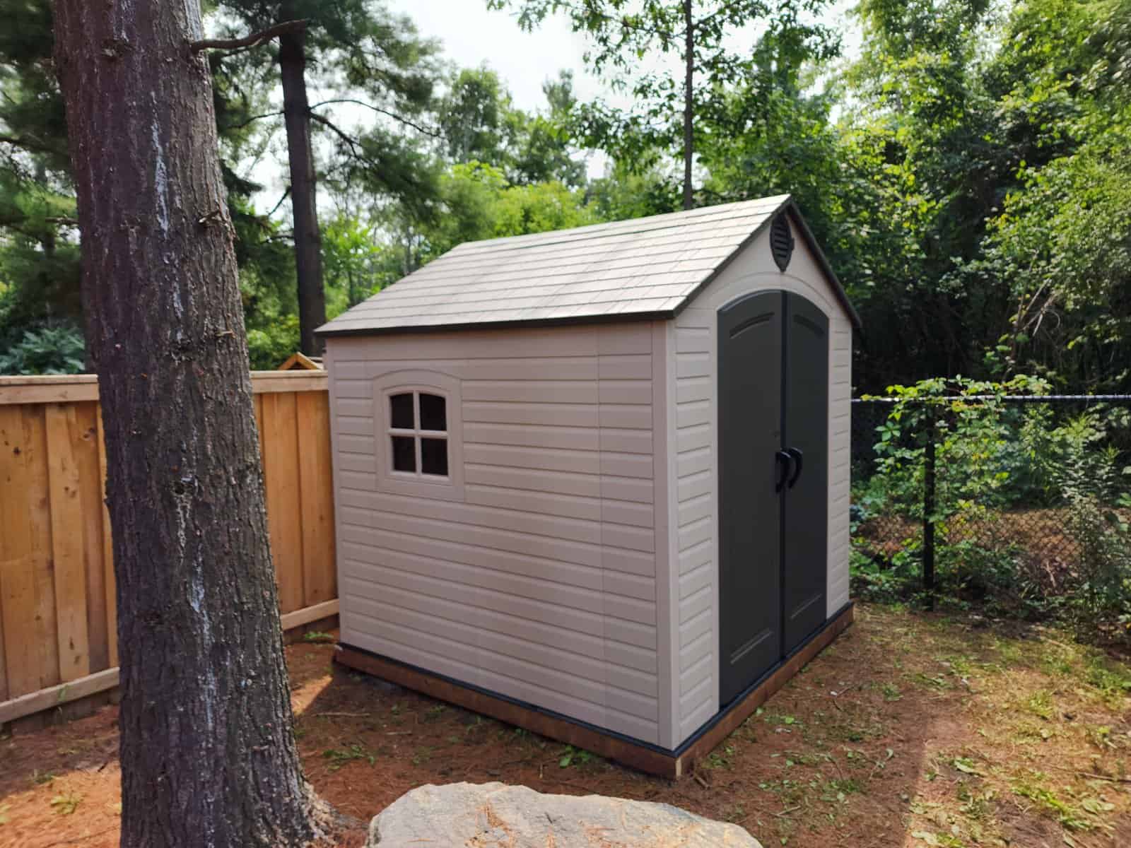 Shed installation Assembly with a Wood Base Lifetime 10x8 Shed