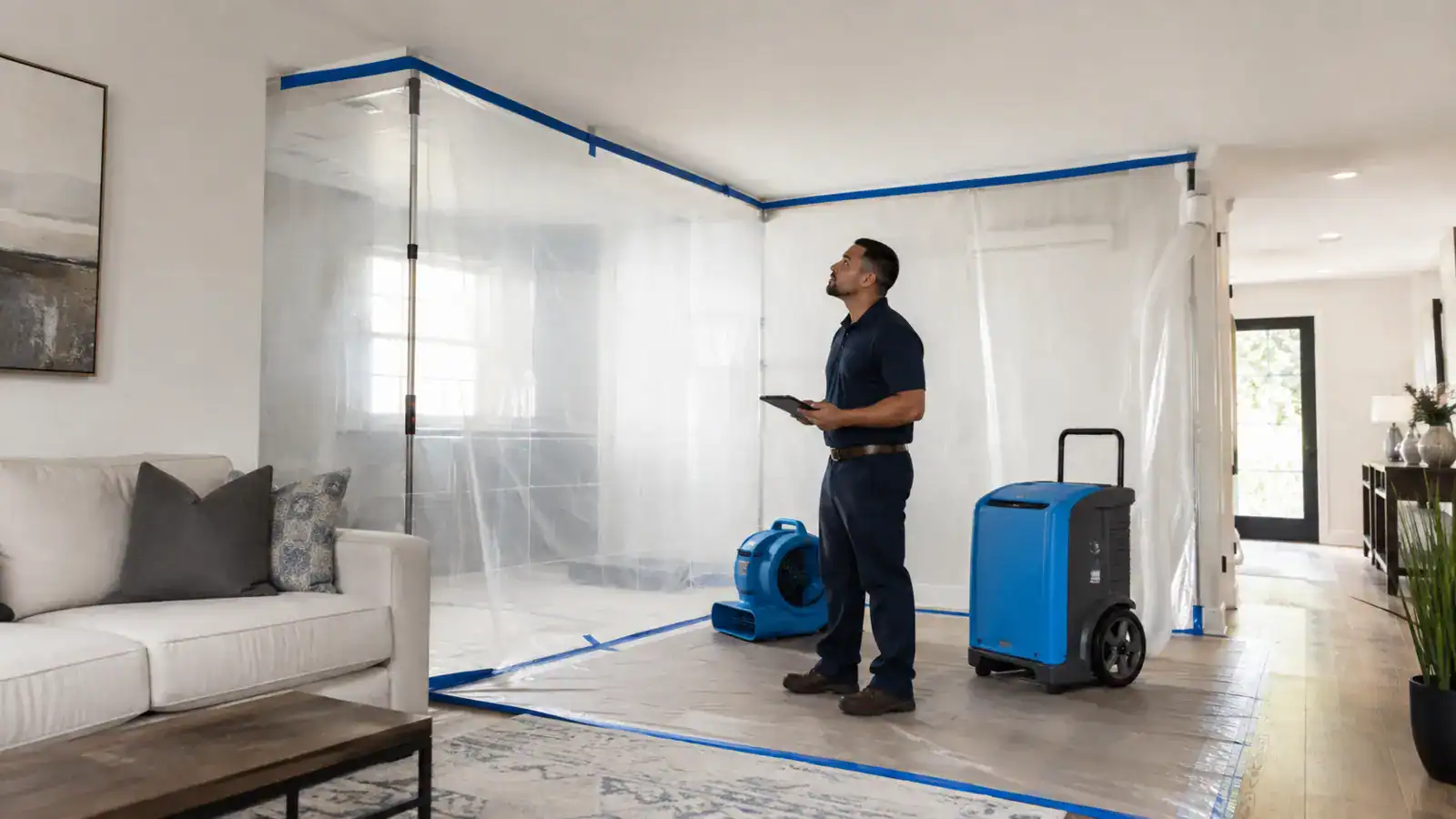 Restoration technician inspecting a containment area with an air mover and dehumidifier in a Los Angeles home