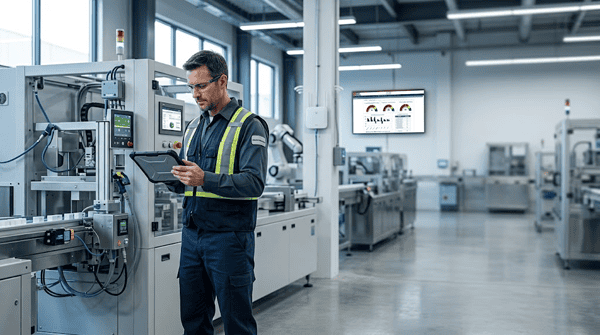 Tendencias de CMMS 2026: un técnico de mantenimiento revisa una orden de trabajo digital en una tableta.
