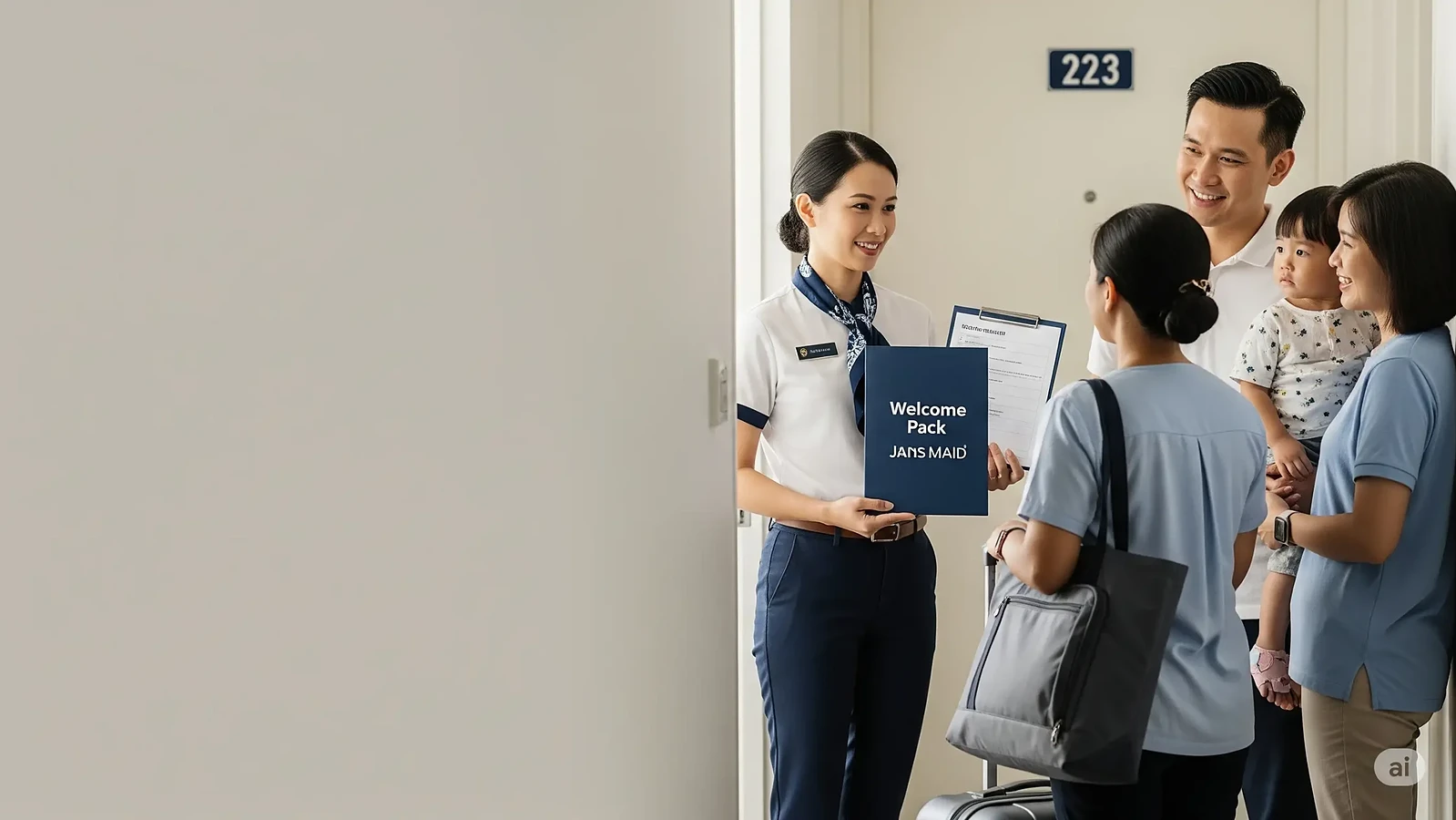 Doorstep sending of helper in Singapore — agency representative introducing a domestic helper to a family at their HDB doorstep after e-signing
