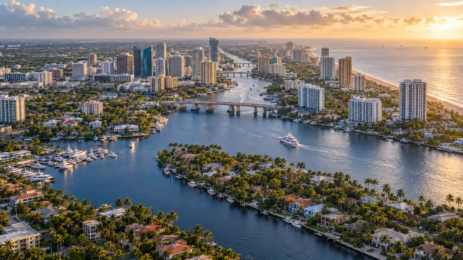 Aerial view of Fort Lauderdale downtown, New River, waterways and Atlantic coastline