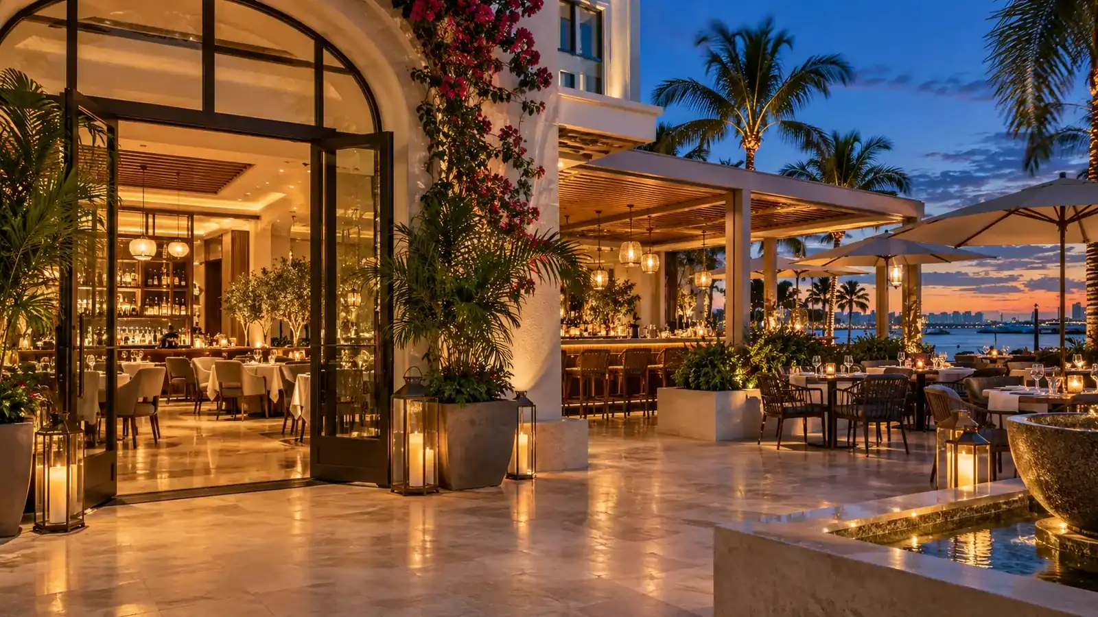 Established South Florida restaurant and hospitality property at twilight