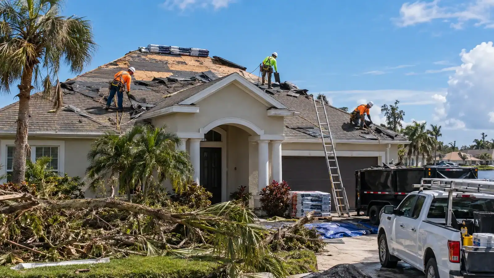Florida roofing company replacing a storm-damaged roof