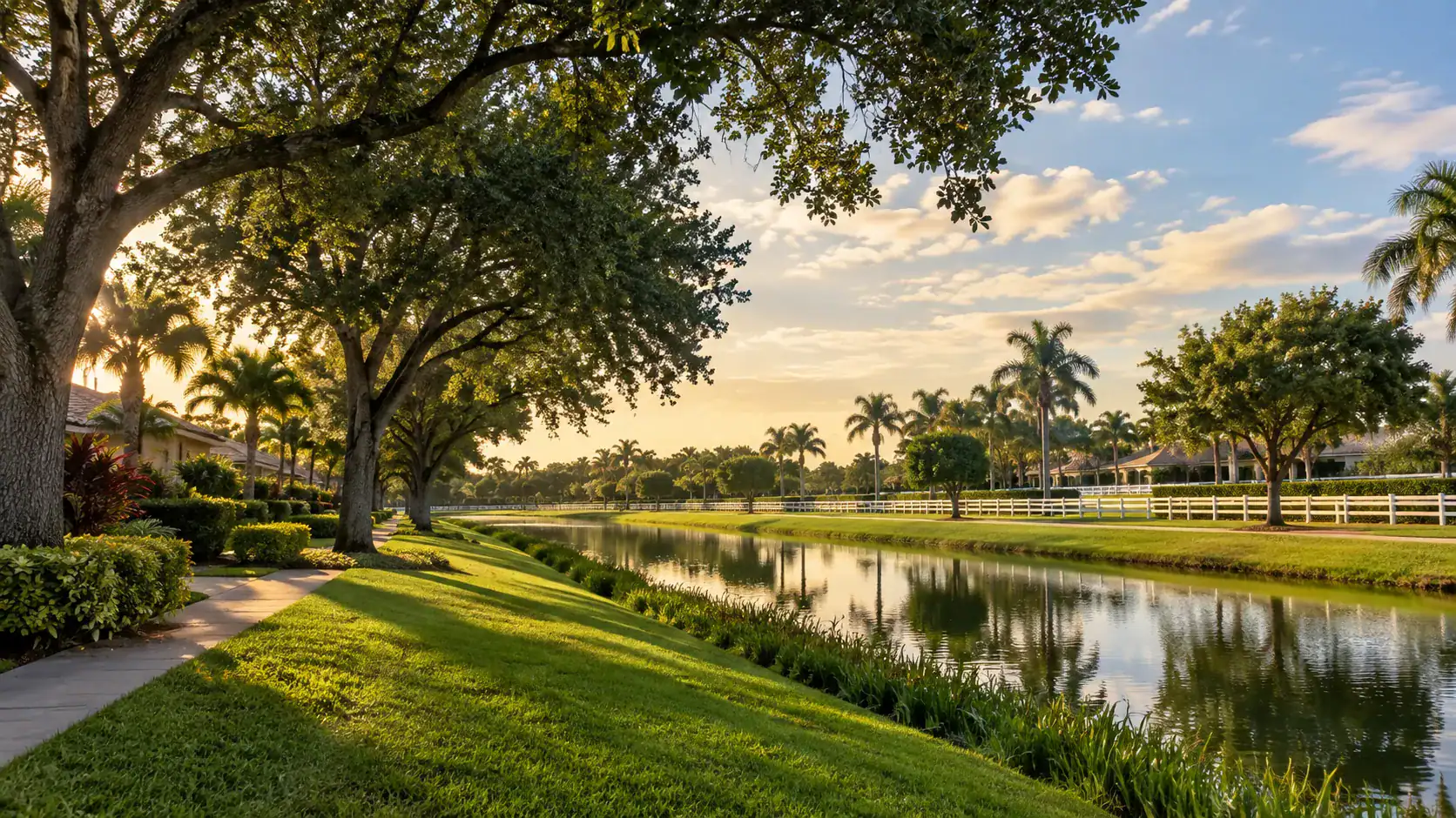 Wellington Florida residential community with canal, mature trees, and equestrian fencing