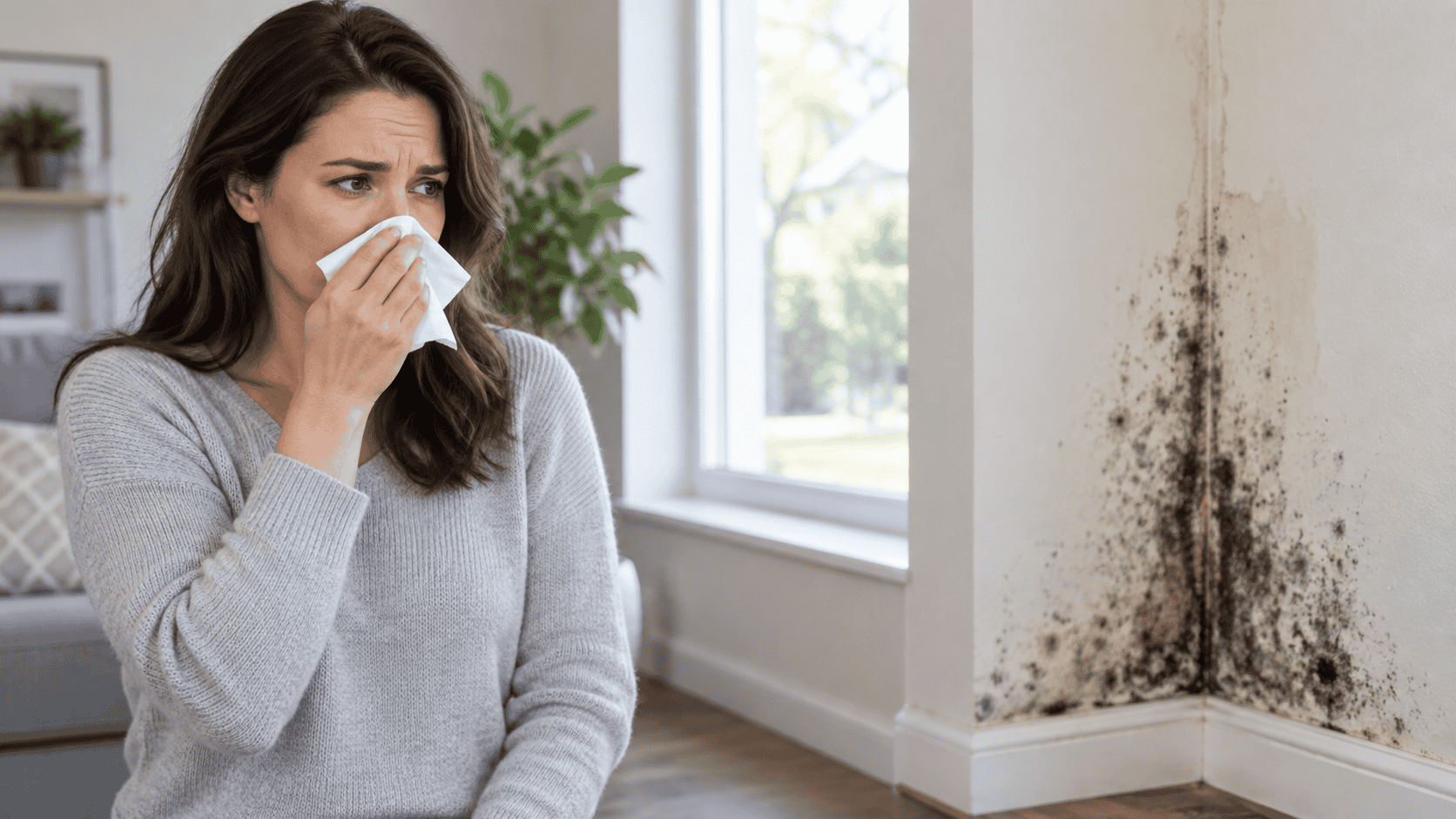 Homeowner experiencing allergy symptoms near visible mold growth on an interior wall