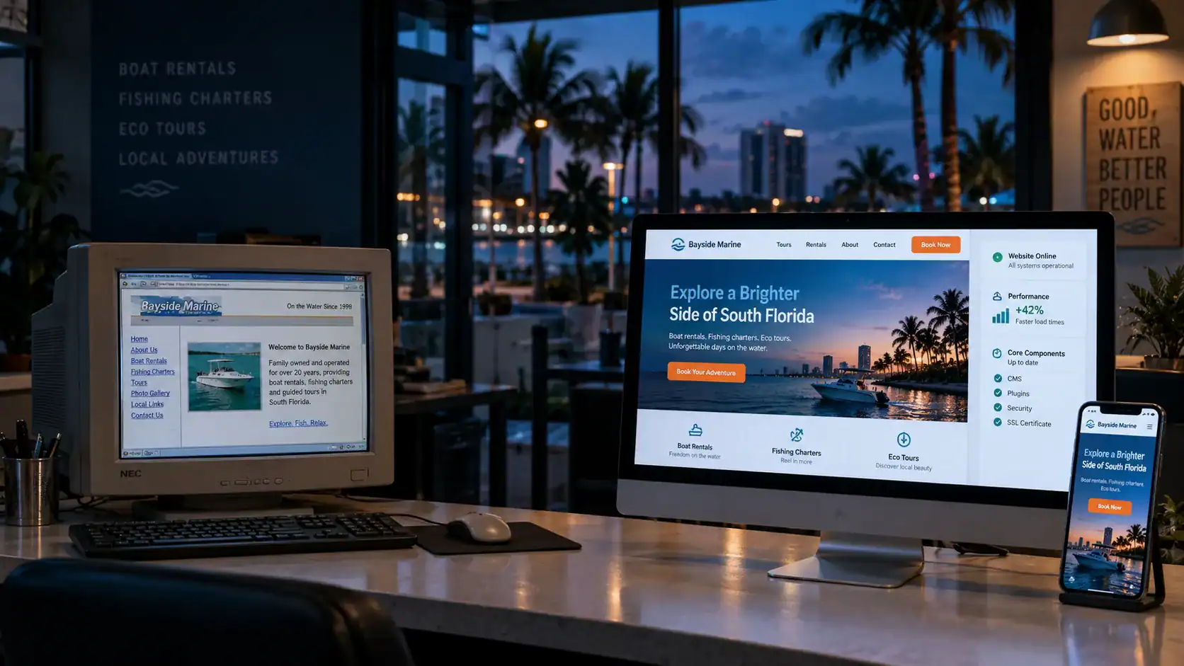 Outdated and current business websites compared across desktop and mobile devices