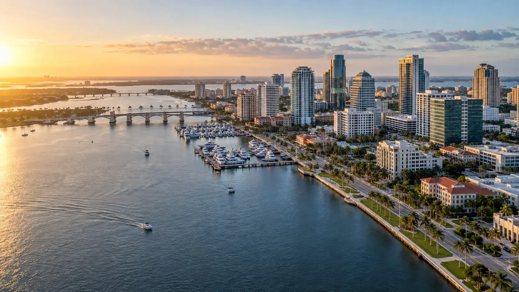 Aerial view of downtown West Palm Beach, the Intracoastal Waterway, marina, and Palm Beach County business district