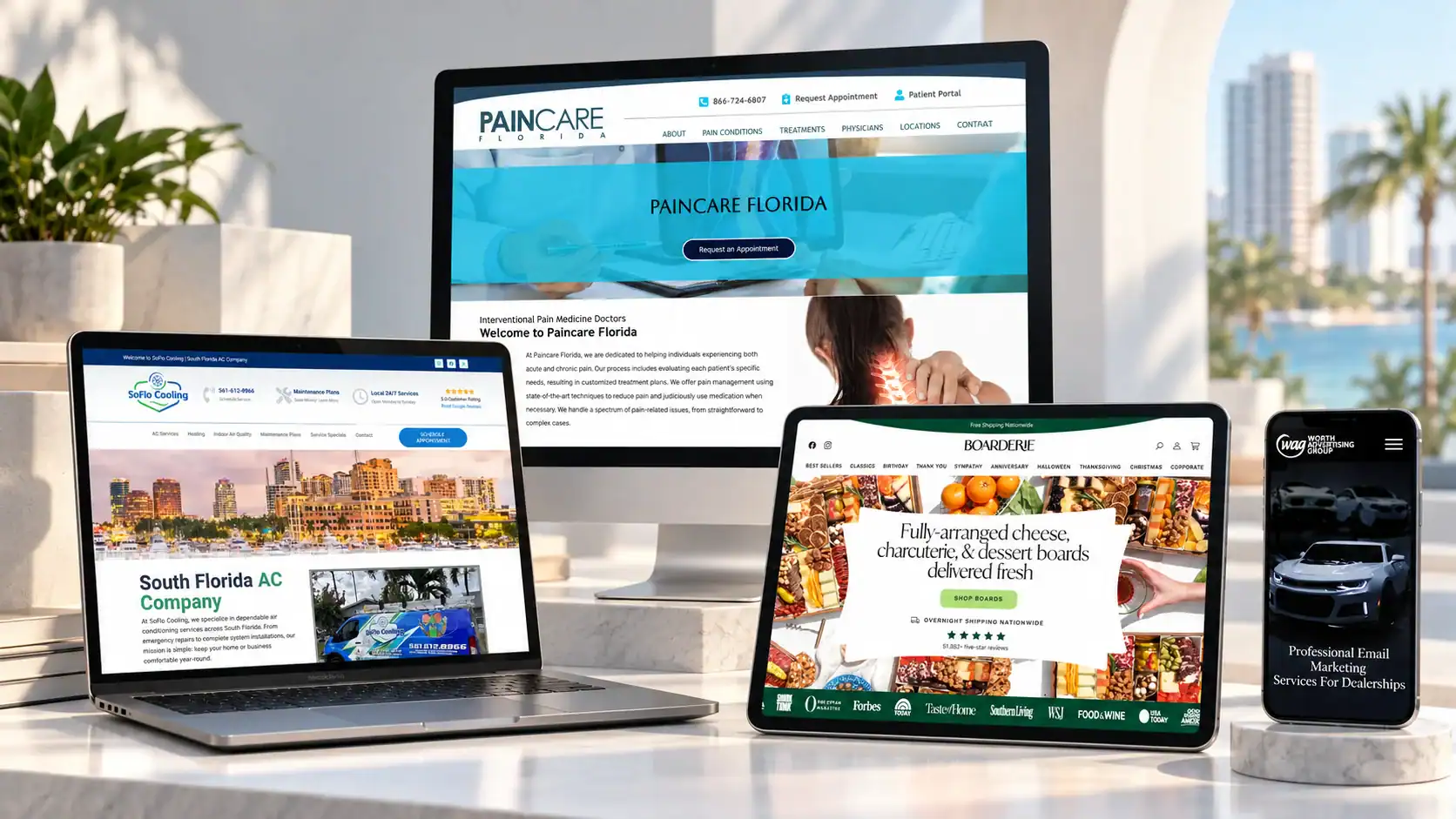 Responsive websites created for a range of SoFloWeb clients displayed across desktop, laptop, tablet, and mobile screens