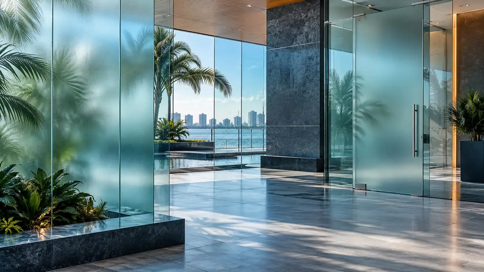 Frosted glass and South Florida architecture representing website privacy and information protection