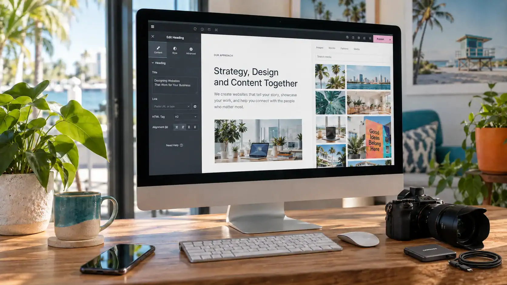 Professional website copy and business imagery assembled in a WordPress page design workflow