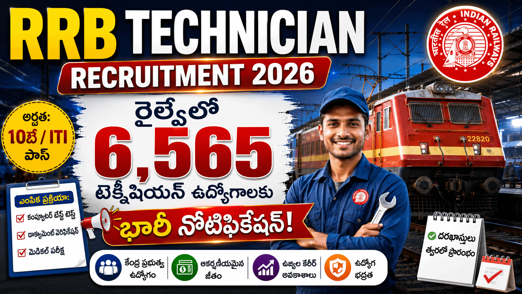 RRB Technician Recruitment 2026: రైల్వేలో 6,565 టెక్నీషియన్ ఉద్యోగాలకు భారీ నోటిఫికేషన్!