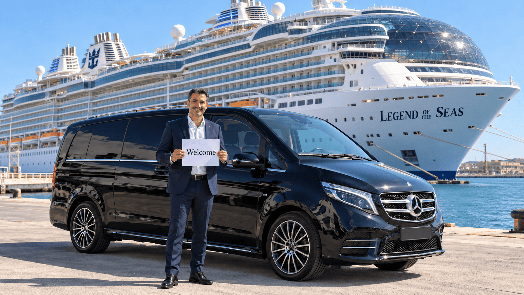 Chauffeur welcoming cruise guests beside a Mercedes V-Class at Civitavecchia Port