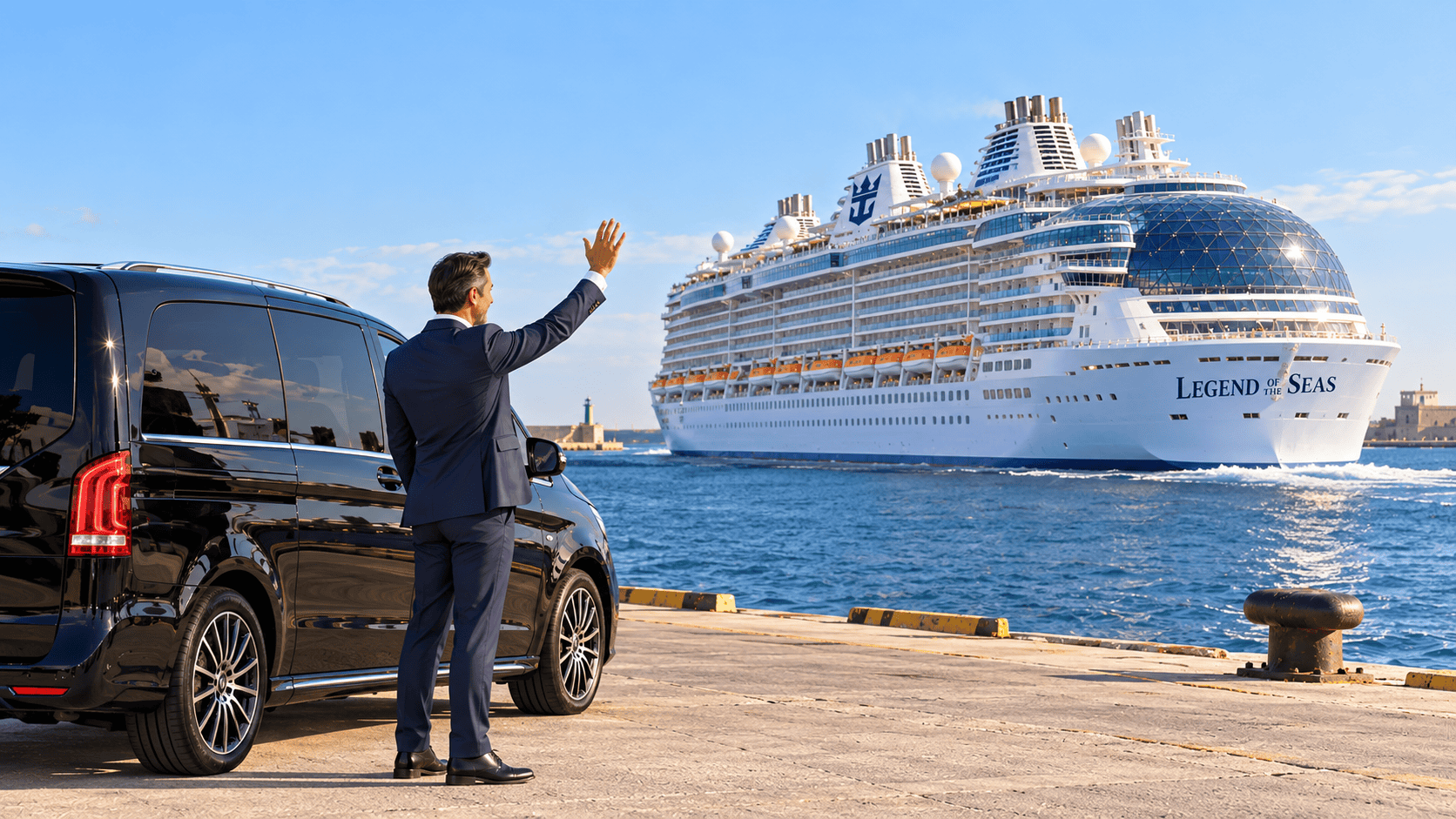 Chauffeur waving goodbye from Civitavecchia pier beside the Mercedes V-Class