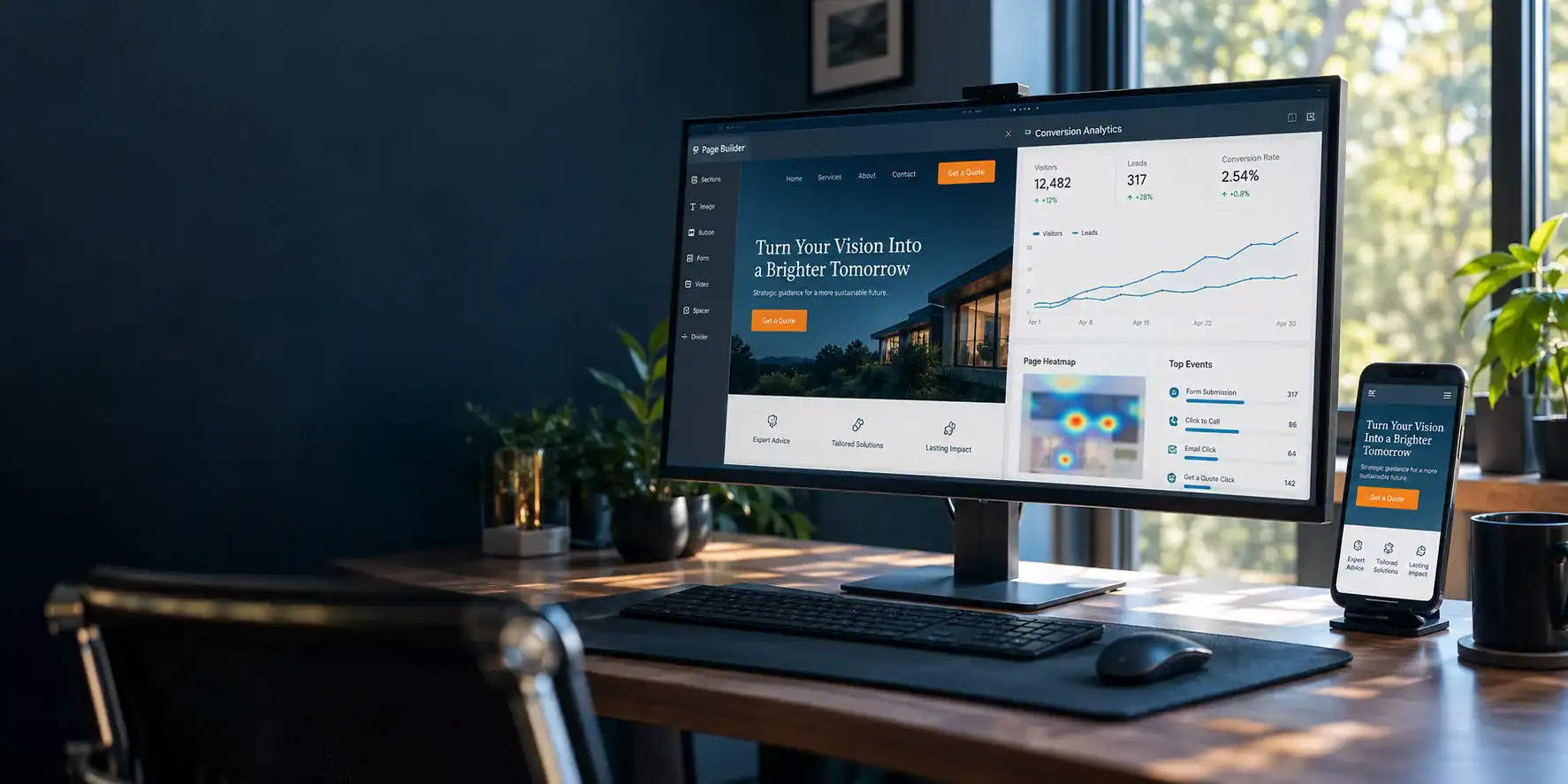 Landing page design and conversion analytics reviewed across desktop and mobile