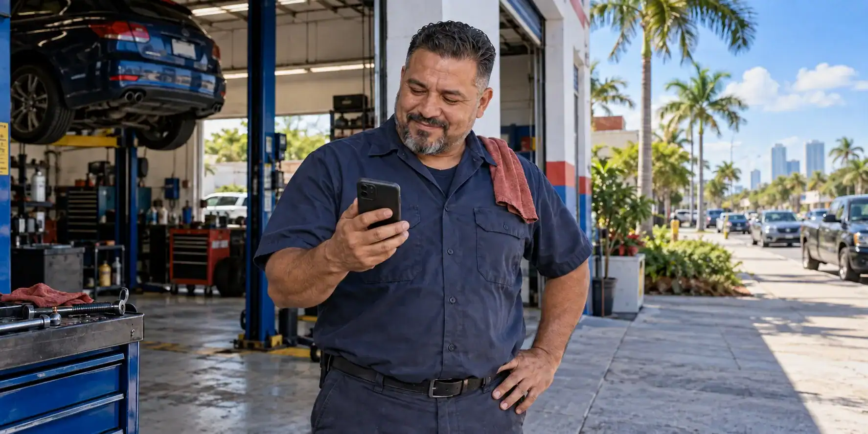 Established South Florida specialty auto shop owner checking local search information on his phone