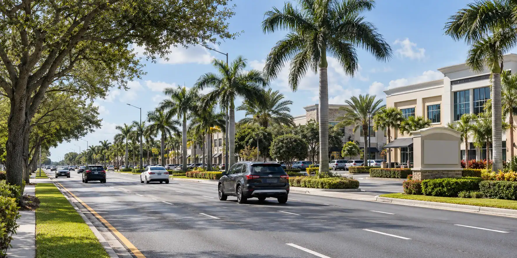 Landscaped Wellington Florida commercial corridor with professional and retail buildings
