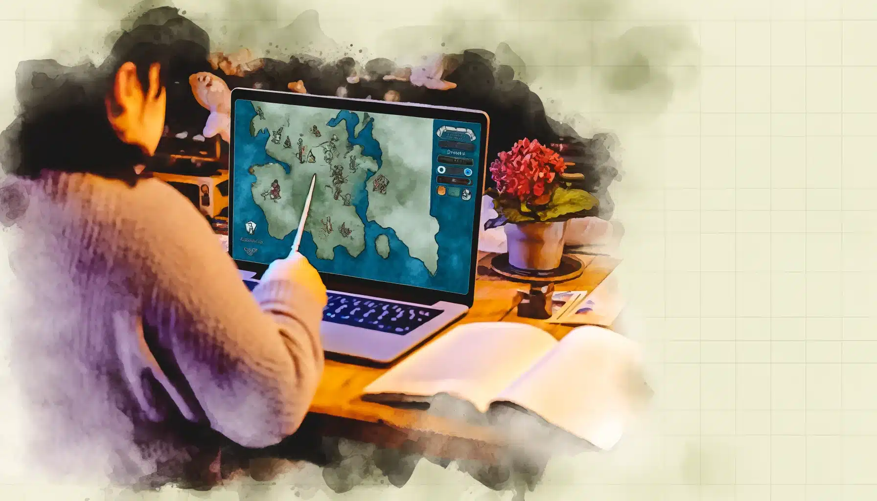 Dungeon Master setting up a virtual Dungeons and Dragons campaign on a laptop with a detailed fantasy map in watercolor style.