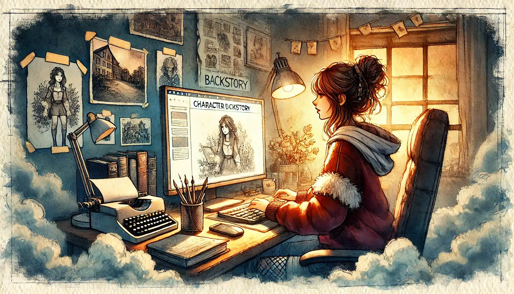 An illustration captures a person at a cozy desk, crafting a CHARACTER BACKSTORY on their computer. The room, reminiscent of a Dungeons & Dragons adventure, is artistically cluttered with drawings, books, and warm lighting, while a window frames the setting sun.