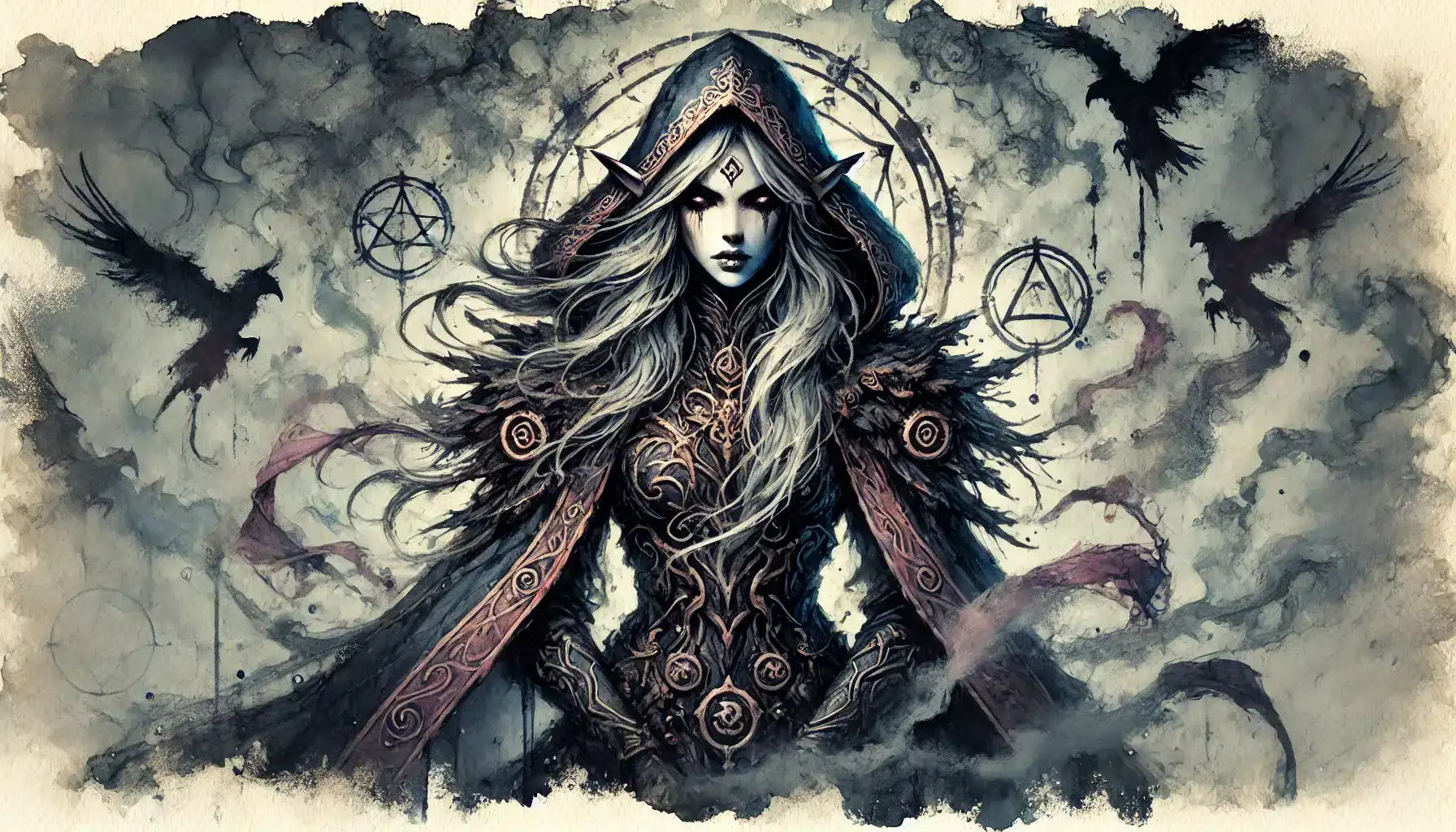 Fantasy artwork of an elven sorceress with long hair, wearing a hooded cloak adorned with intricate patterns. She stands in front of mystical symbols, surrounded by flying crows and mist, evoking the dark and magical atmosphere of a DND adventure.