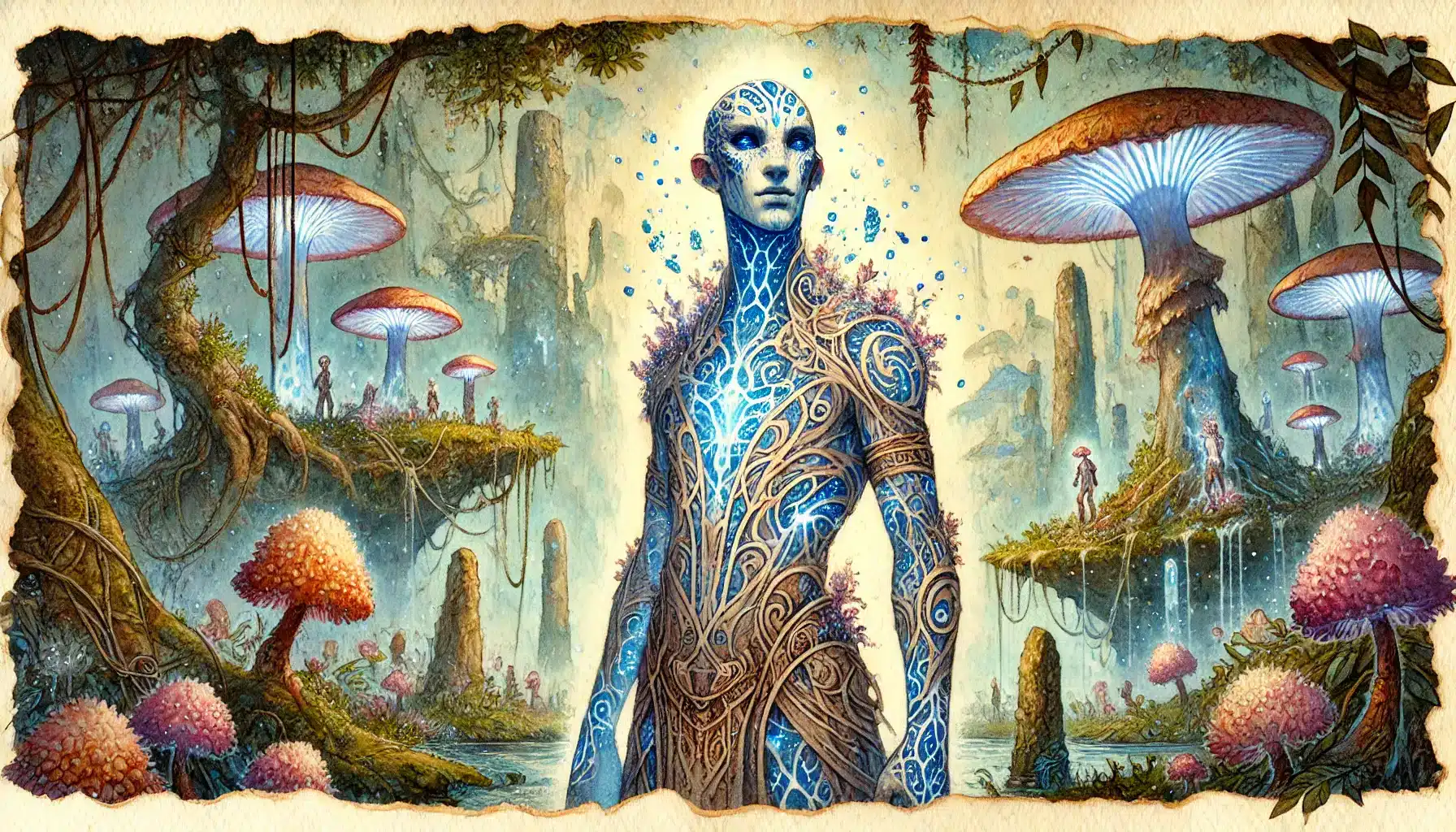A luminous, blue-skinned humanoid with intricate patterns stands in a surreal forest, reminiscent of a tabletop RPG scene. Giant, glowing mushrooms and floating islands surround the mystical figure in this fantastical landscape.