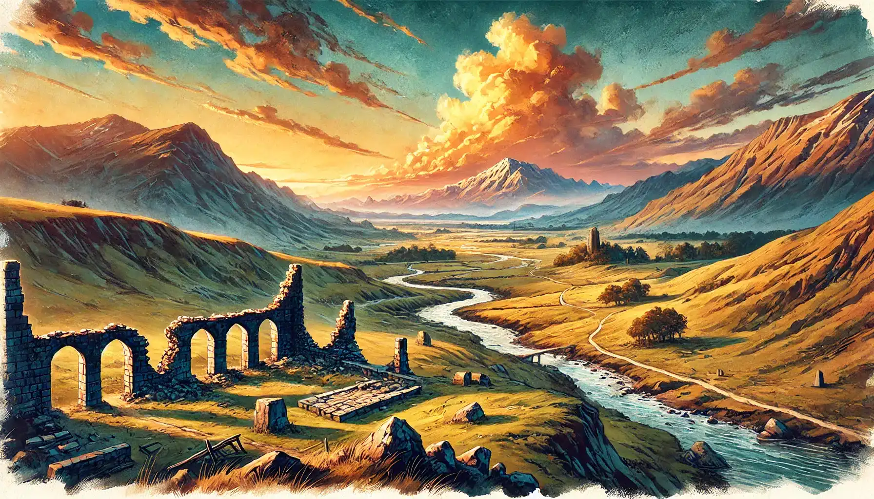 A vibrant, fantasy landscape painting depicts a scenic valley at sunset. Ruins of stone arches sit in the foreground, like a scene from DND, with a winding river leading to snow-capped mountains under a dramatic, cloud-filled sky. The entire scene is bathed in warm, golden light.