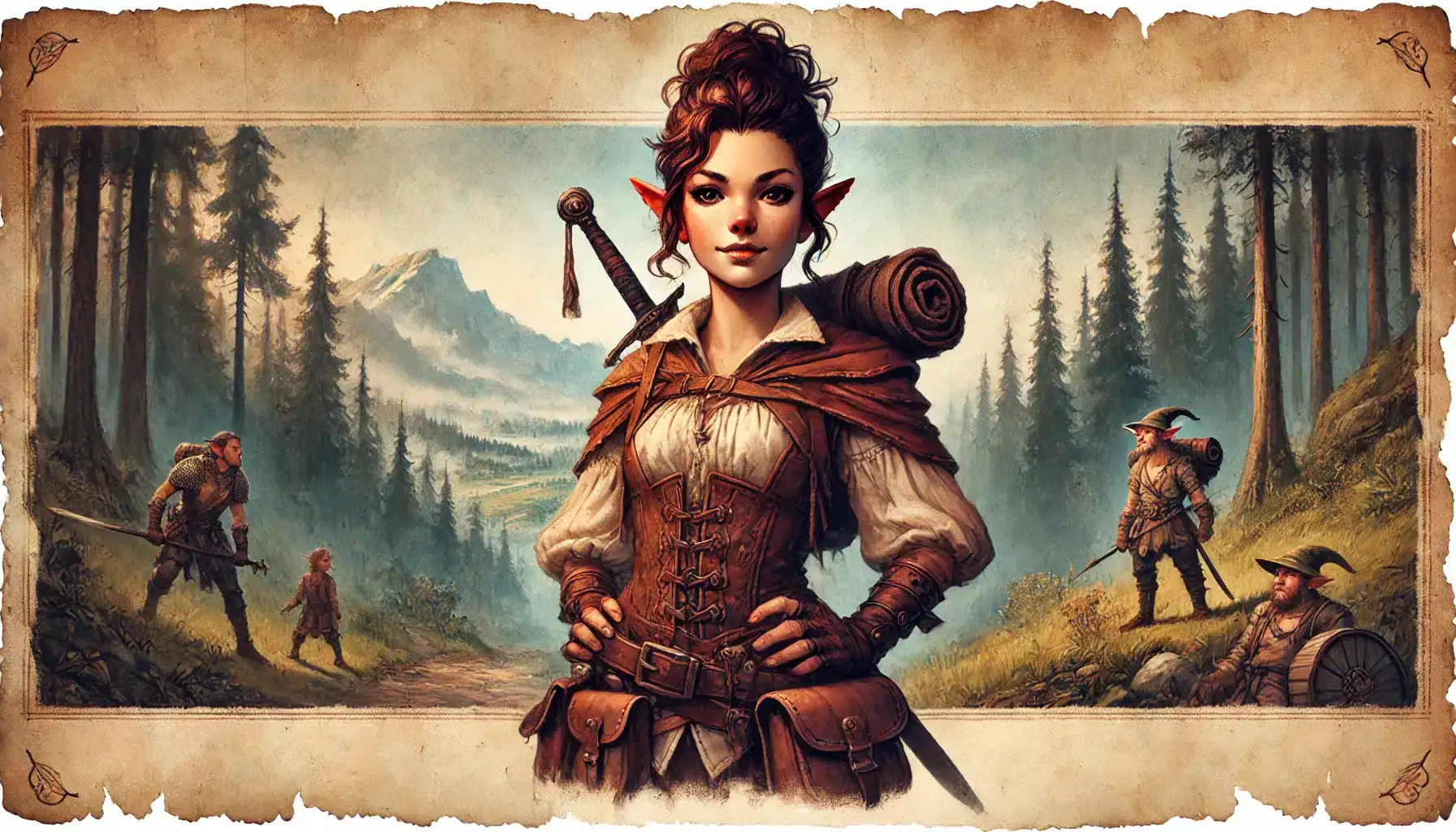 Fantasy illustration of a confident elf woman with pointed ears and a high ponytail, wearing medieval clothing and carrying a backpack. Perfect for any tabletop RPG setting, she stands in a forest with mountains behind her. Two other elves accompany her, one holding a staff—pure ttrpg magic!.