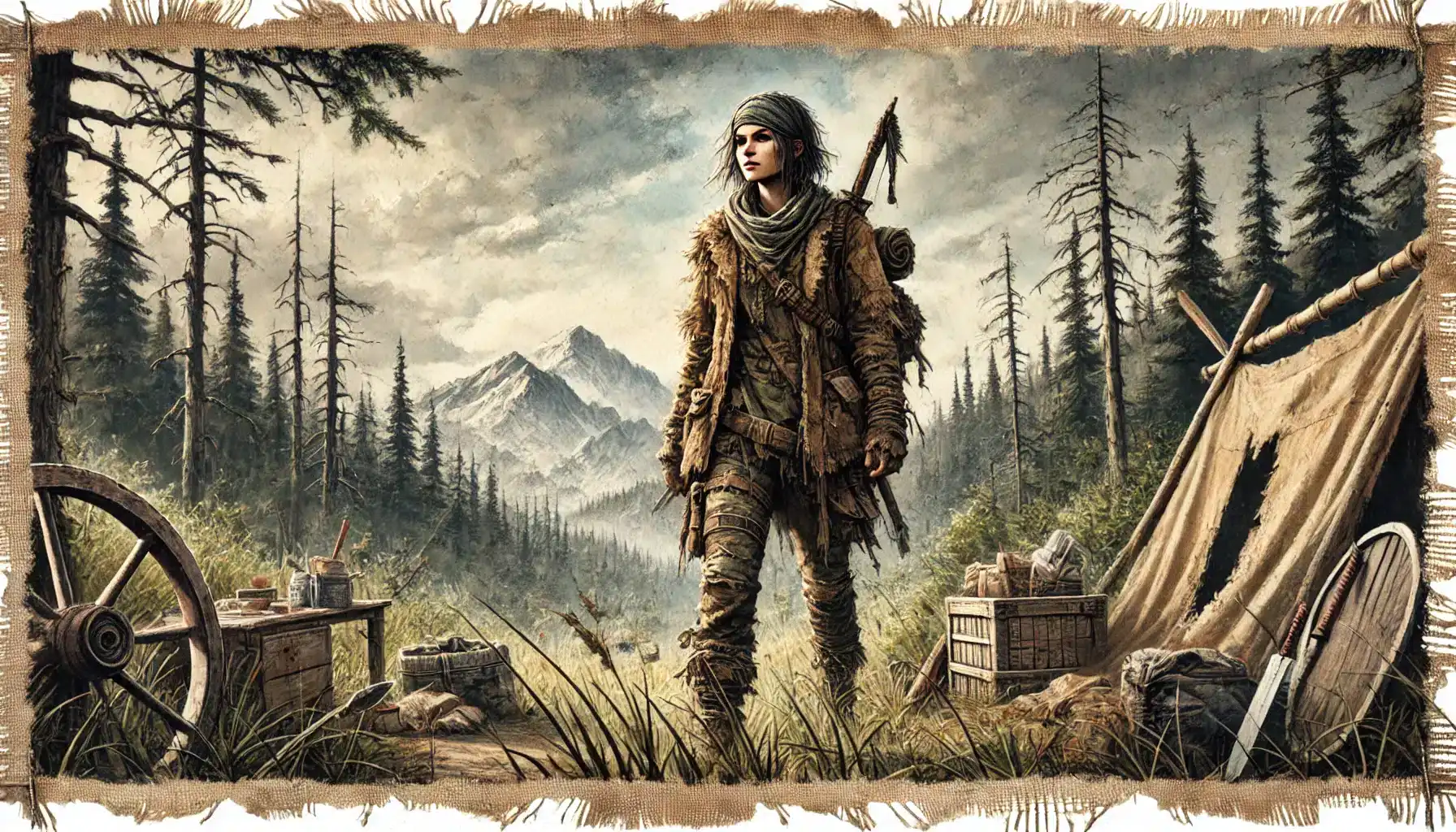 A person in rugged clothing stands in a mountainous, fantasy forest setting, carrying a bow and quiver. Surrounded by camping gear, a tent, and pine trees, they gaze ahead under a cloudy sky. Snow-capped peaks loom like the backdrops of an epic tabletop RPG adventure.