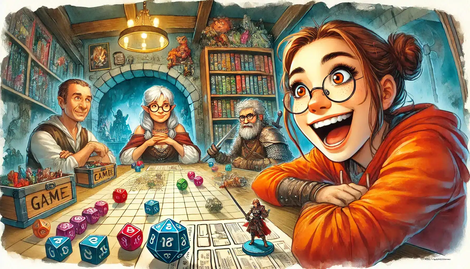 A group of people are enthusiastically playing a tabletop RPG, reminiscent of Dungeons & Dragons. The scene is vibrant, with colorful dice and character sheets scattered on the table. The setting has a cozy, medieval theme with candles and classic fantasy elements.