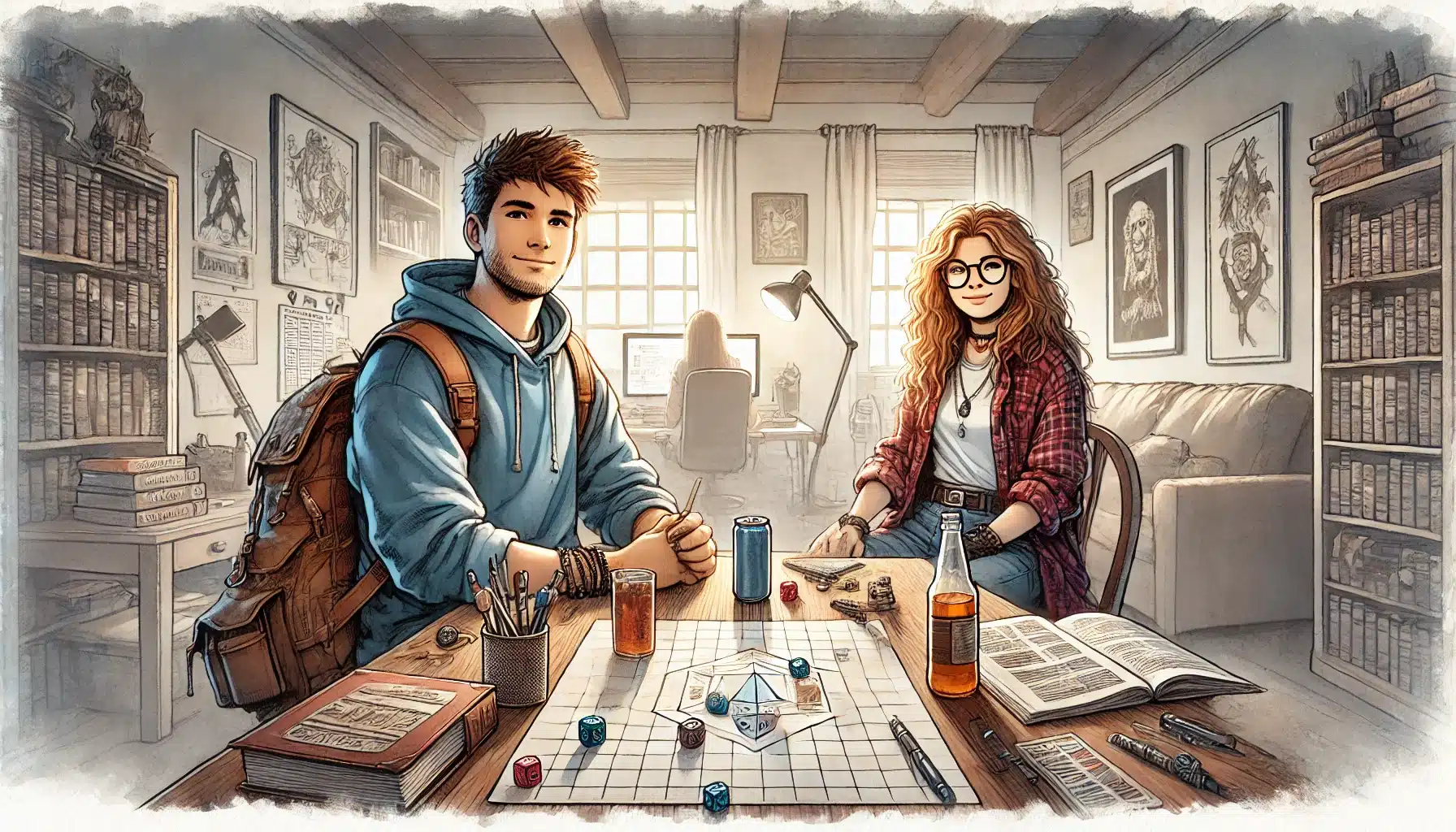 A cozy room with two people engaged in a tabletop RPG, surrounded by books and fantasy artwork. Theyre absorbed in a Dungeons & Dragons session with dice and a grid. The scene is warmly lit, and someone is at a computer in the background.