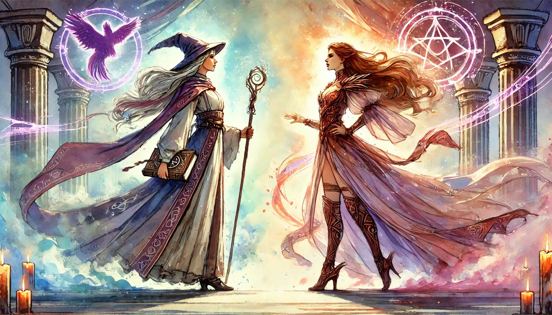 In a mystical setting reminiscent of Pathfinder RPG, two fantasy characters face each other. On the left, one in a wizard hat and robe holds a staff and book. The right, donned in ornate attire, gestures gracefully. Magical symbols glow around them, with candles lining the scene.