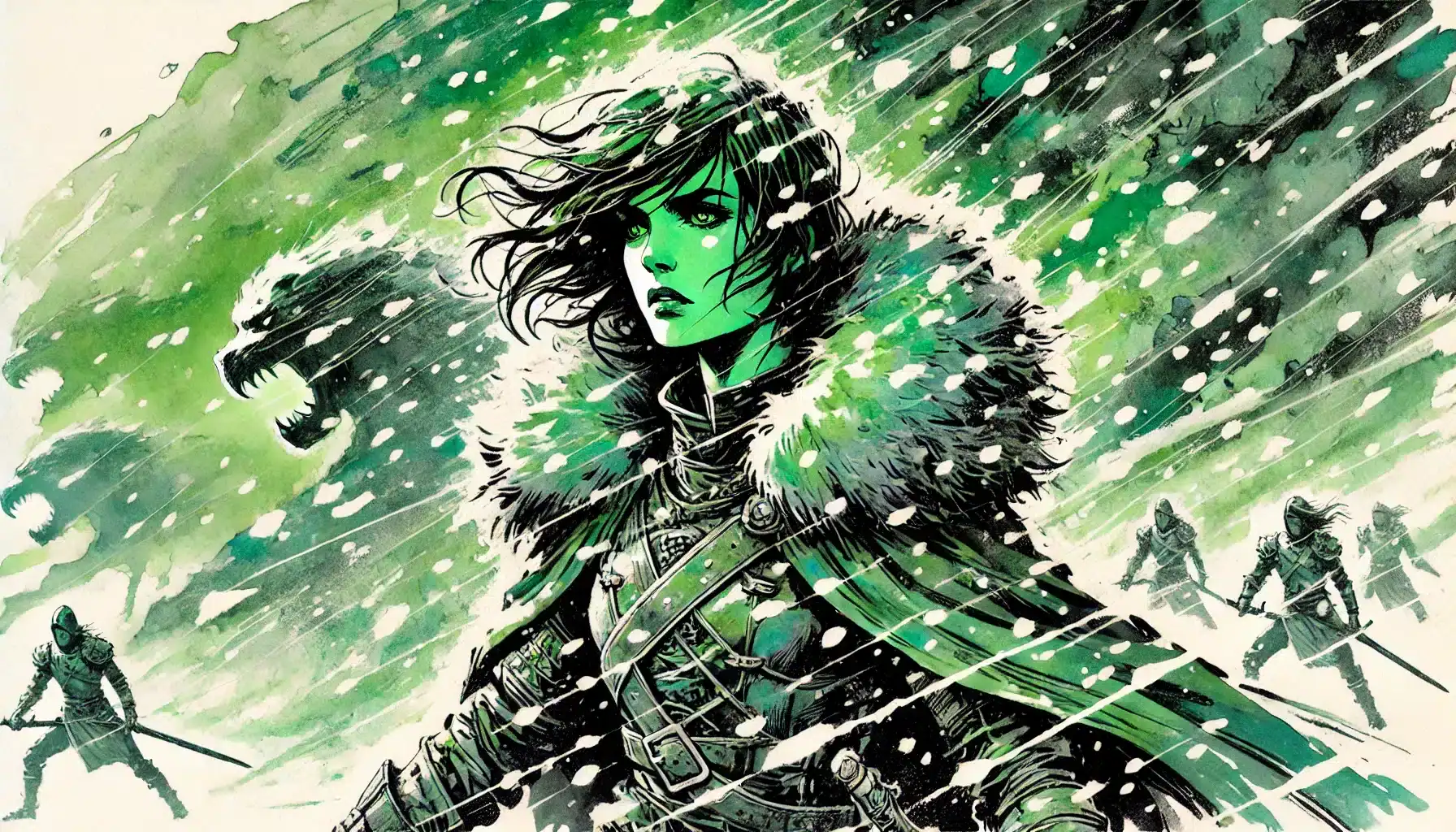 Illustration of a green-tinted warrior with a fur-collared cloak, braving a snowstorm with determination. Other figures emerge in the snowy backdrop, while a large, ghostly wolf silhouette looms behind—a scene straight out of a tabletop RPG fantasy adventure.